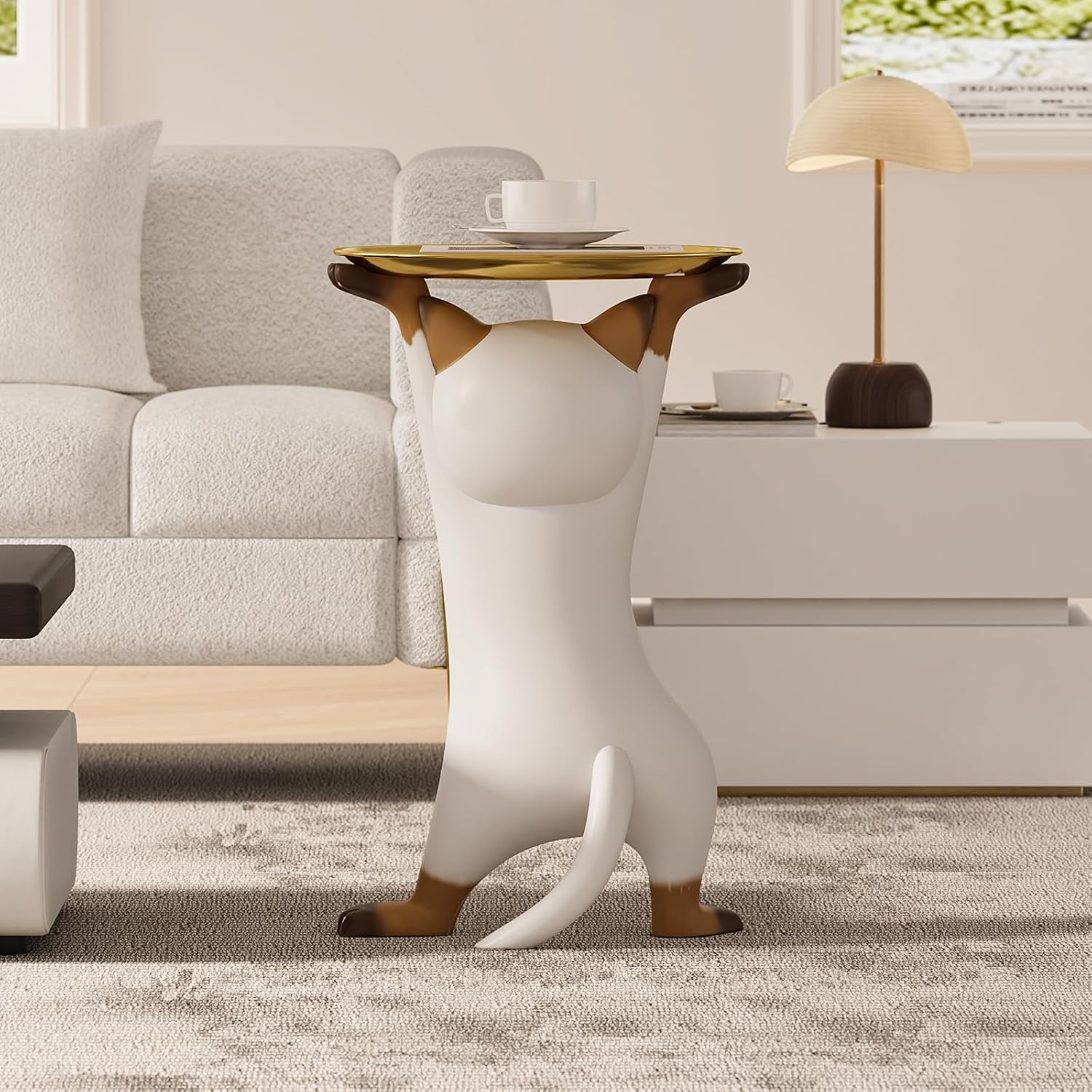 homary Whimsical Cat Statue, Animal Side Table with Gold Tray, Resin Figurine Accent Table for Living Room, Bedroom, or Entryway