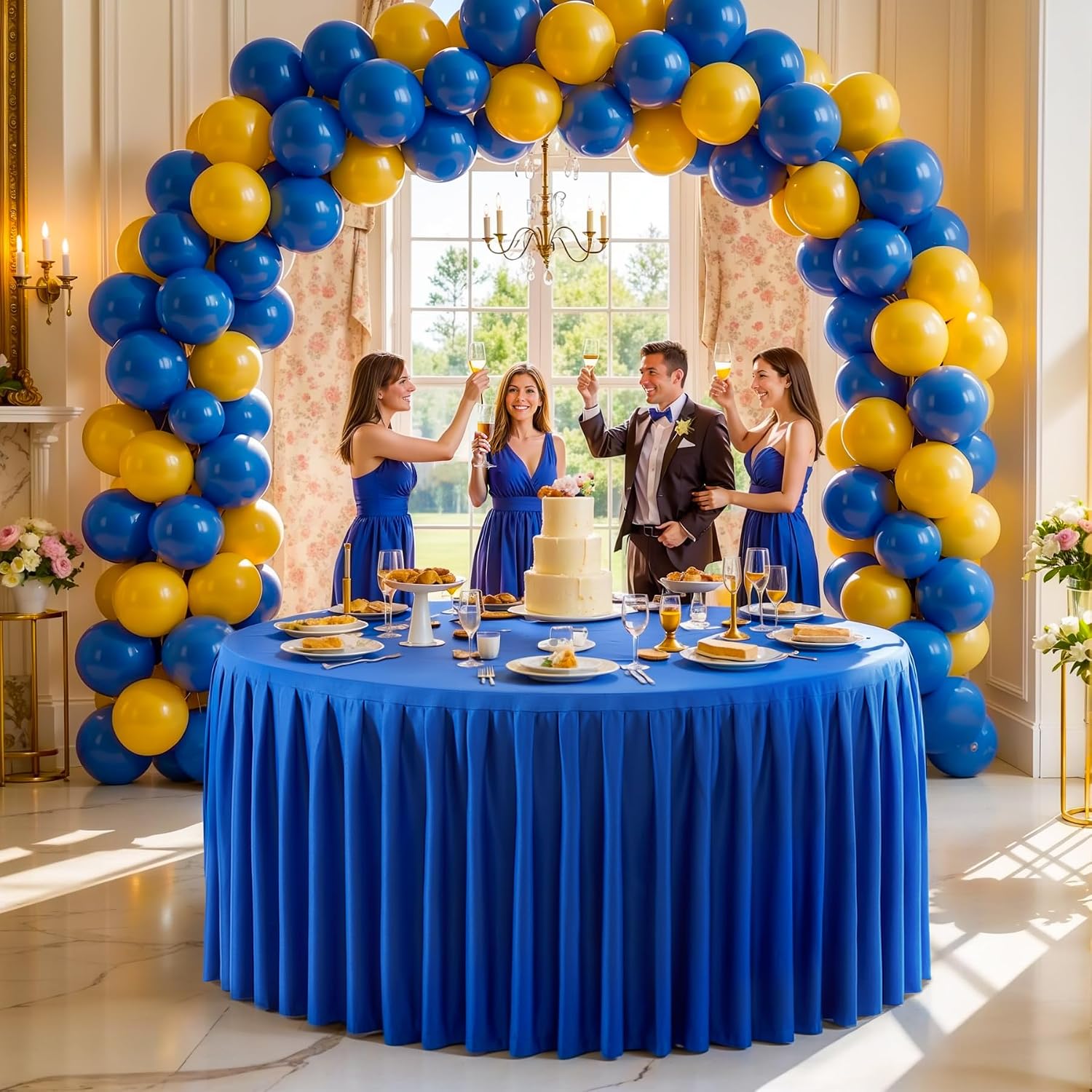 8 Pack Royal Blue Round Tablecloth 60 inch Stretch Spandex Fitted Table Cloth 5FT Round Banquet Tablecloths Wrinkle Free Table Cover Stitch Circle Tablecloth with Ruffle Skirt for Party Wedding