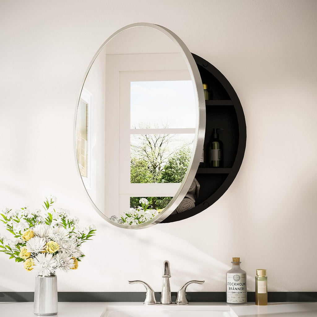 Keonjinn 28 x 28 in Round Medicine Cabinets for Bathroom, Brushed Nickel Surface Mount Medicine Cabinet, Circle Medicine Cabinet with Mirror, Adjustable Shelves Framed Bathroom Mirror with Storage