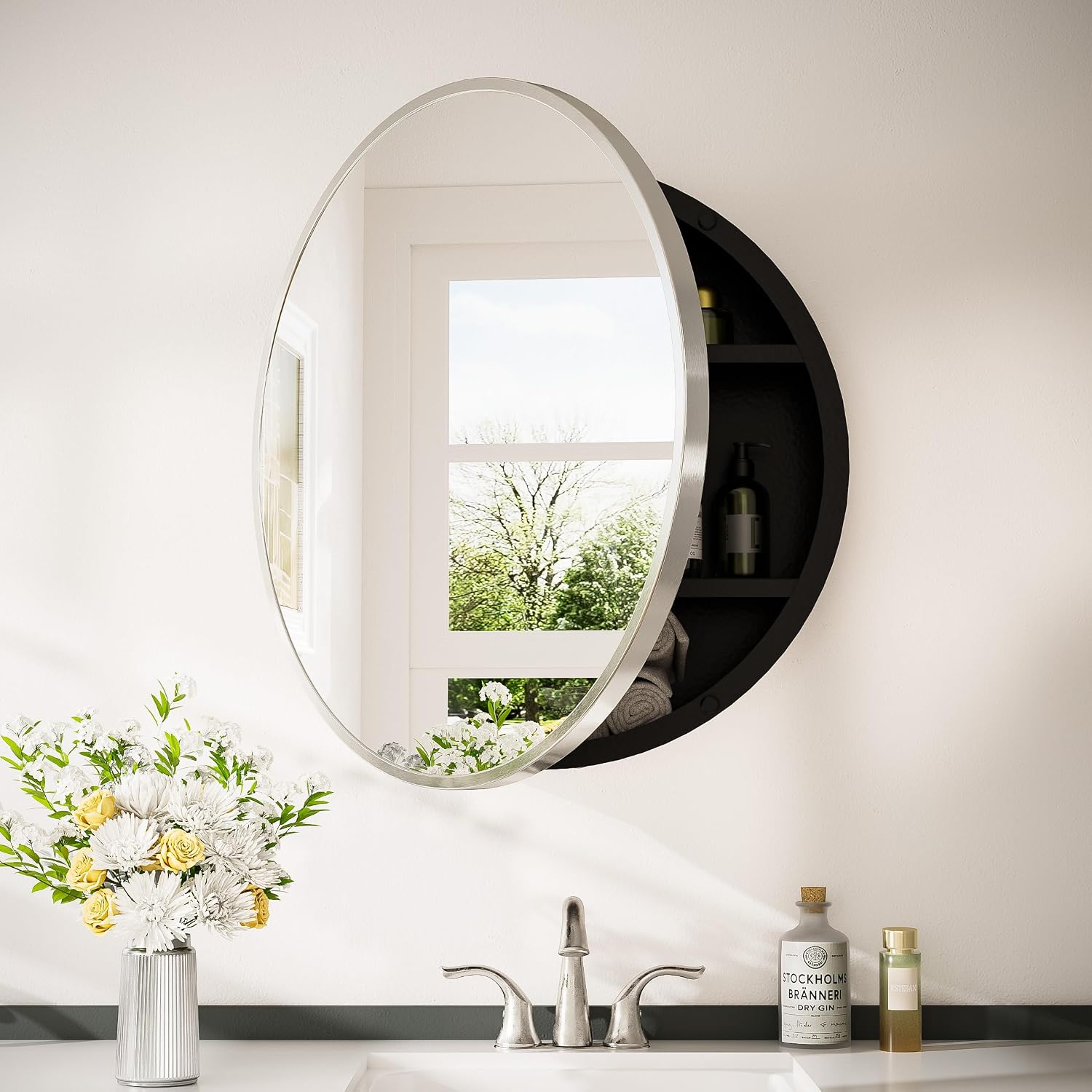 Keonjinn 28 x 28 in Round Medicine Cabinets for Bathroom, Brushed Nickel Surface Mount Medicine Cabinet, Circle Medicine Cabinet with Mirror, Adjustable Shelves Framed Bathroom Mirror with Storage