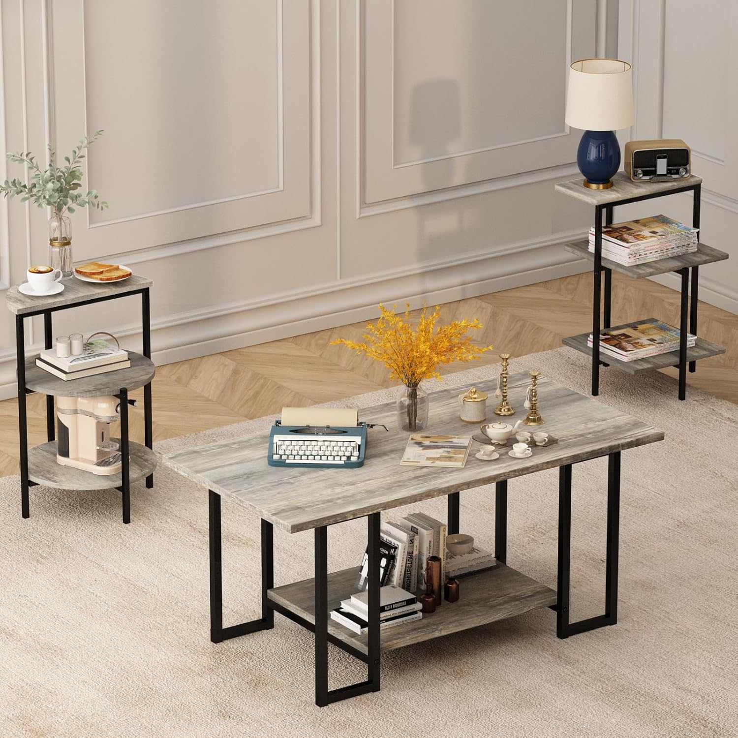 Lamerge Coffee Table Set of 3,Rectangle Coffee Table&2 Accent Table,Faux Marble Tabletop,3 Piece Living Room Table Sets with Multi Tier Storage, for Small Space, Apartment, Gray