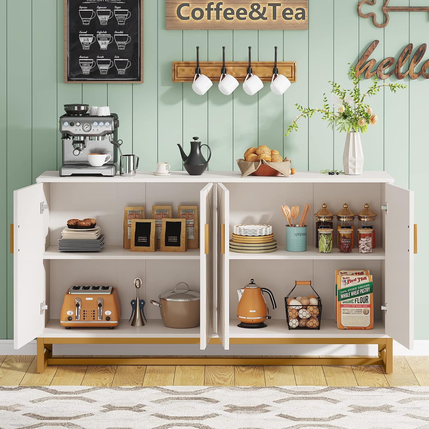 Tribesigns White Gold Storage Cabinet with Door and Adjustable Shelves for Living Room, Modern Floor Cabinets Long Sideboard Buffet Golden Coffee Bar with 4 Doors Metal Frame for Home Office Kitchen