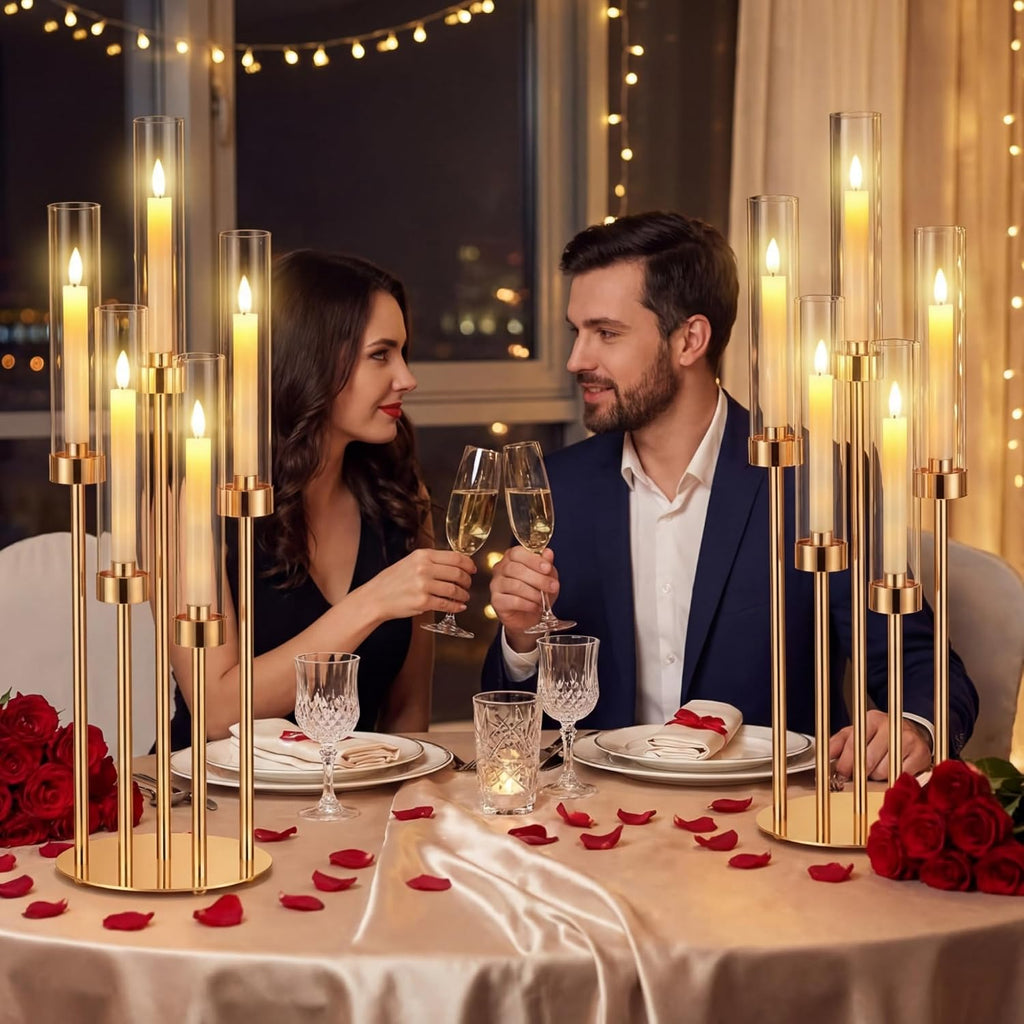 Tandefio 4 Set 5 Arm Gold Candelabra Table Centerpiece with LED Candle, 26.8' Tall Acrylic Cylinder Candle Holder with Lampshades Fit 0.8 for Wedding, Anniversaries, Dinner, Party, Easter, Home Decor