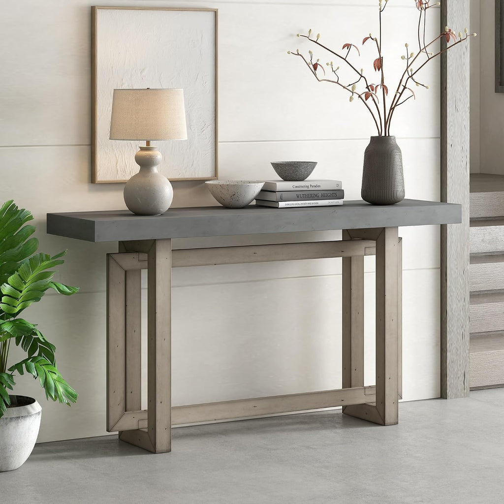 Merax Wood Entryway Console Table, Modern Line Frame with Industrial Concrete Top, for Living Room/Hallway/Foyer, Grey