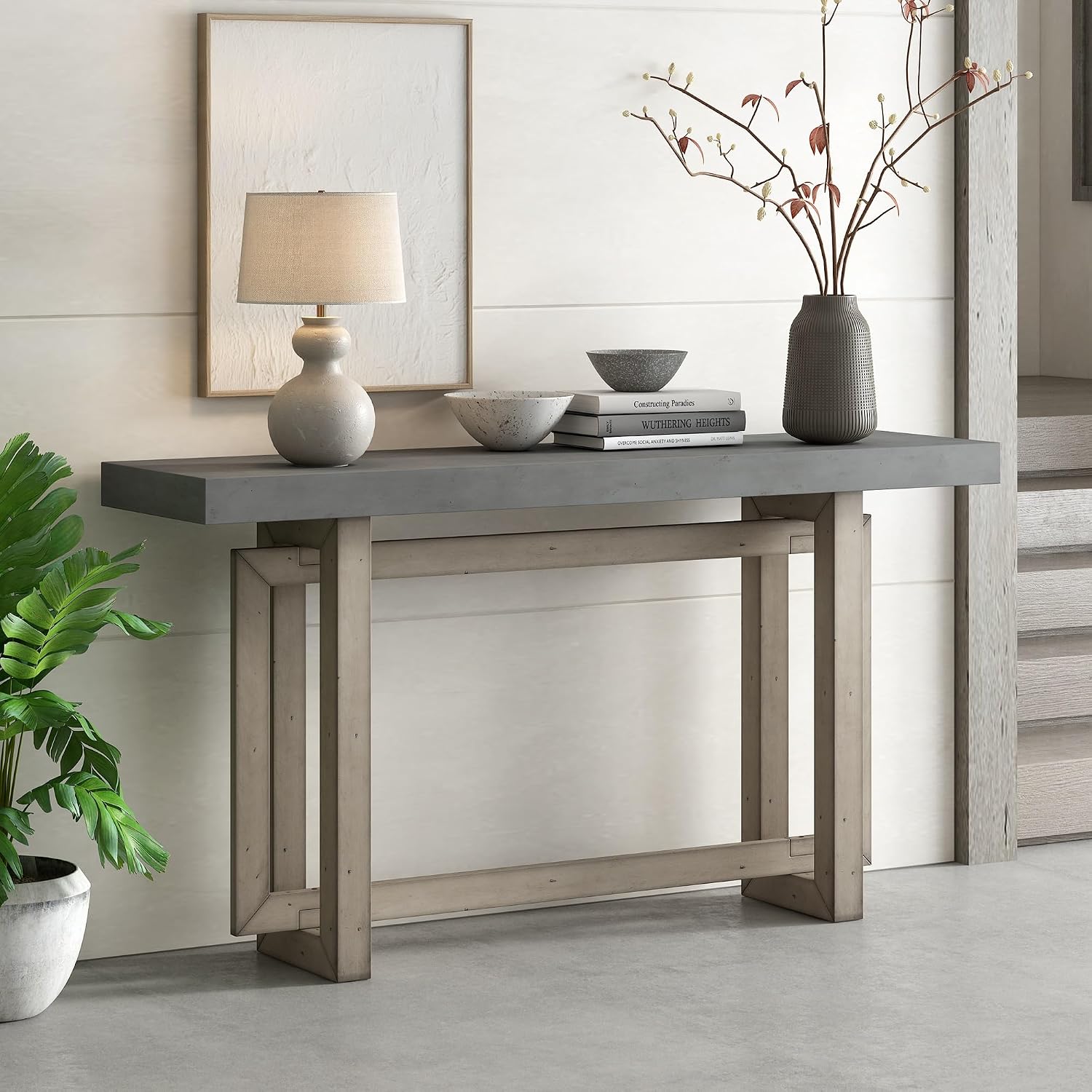 Merax Wood Entryway Console Table, Modern Line Frame with Industrial Concrete Top, for Living Room/Hallway/Foyer, Grey