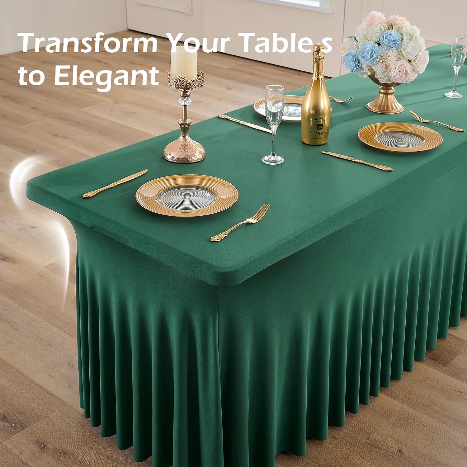 6 pk Hunter Green Spandex Tablecloth for 6 Foot Rectangle Tables, Wrinkle Free Fitted Spandex Table Covers 6ft Green Stretch Table Cloths with Ruffle Skirt for Parties Weddings Banquet Baby Shower