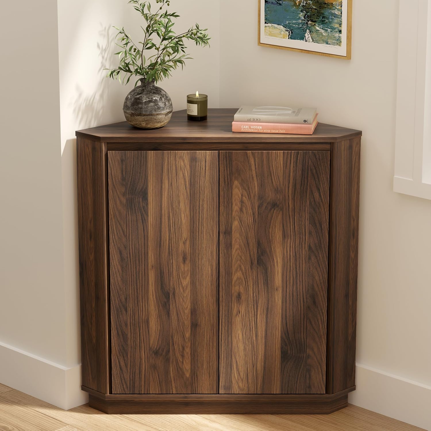 EYYTHUNG Corner Cabinet, Modern Handless Corner Floor Cabinet with 2 Doors and 2-Tier Shelves, Freestanding Narrow Organizer for Living Room Kitchen Bathroom, Brown