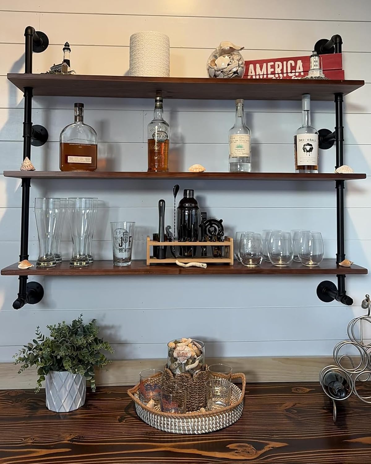Industrial Pipe Wall Shelves Pipe Shelving with Real Wood Plank ,48 Inches Floating Shelves for Wall Farmhouse Pipe Book Shelves for Kitchen,Living Room Decor and Bar Shelving Dark Brown 3 Tier