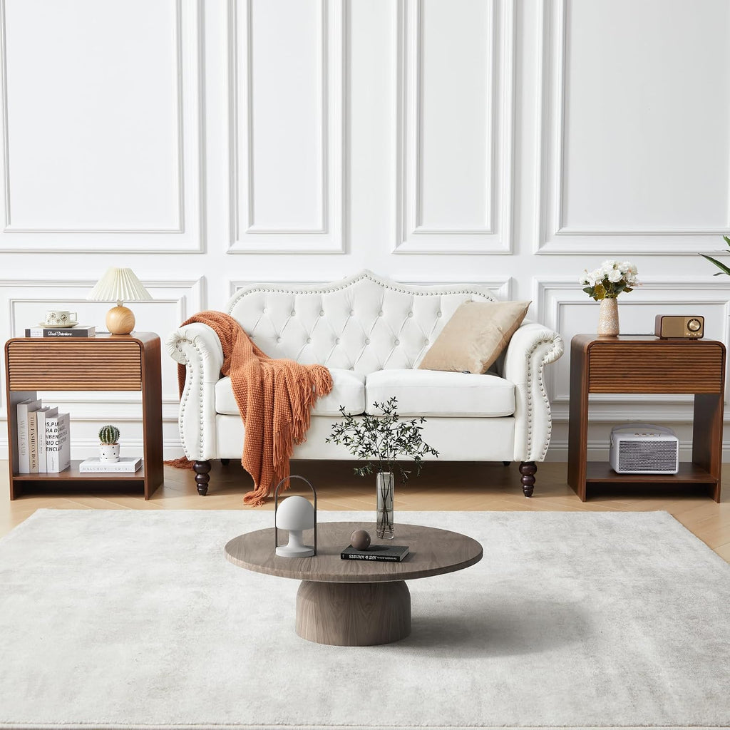 Set of 2 Fluted Side Table with Charging Station, Mid Century Modern End Table Nightstand with Drawer Storage, Large Wood Bedside Tables Night Stands for Small Space Bedroom Living Room Office, Walnut