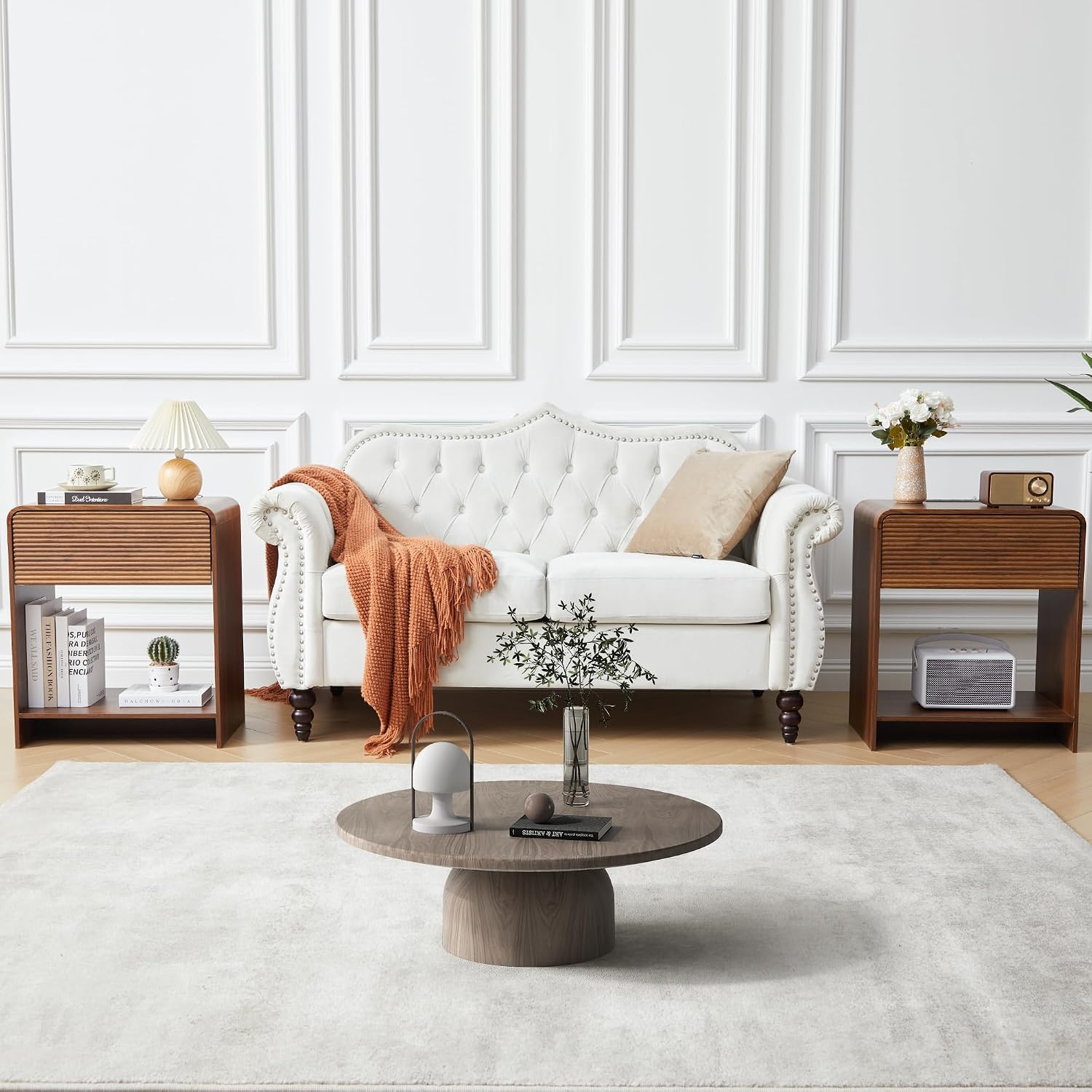 Set of 2 Fluted Side Table with Charging Station, Mid Century Modern End Table Nightstand with Drawer Storage, Large Wood Bedside Tables Night Stands for Small Space Bedroom Living Room Office, Walnut