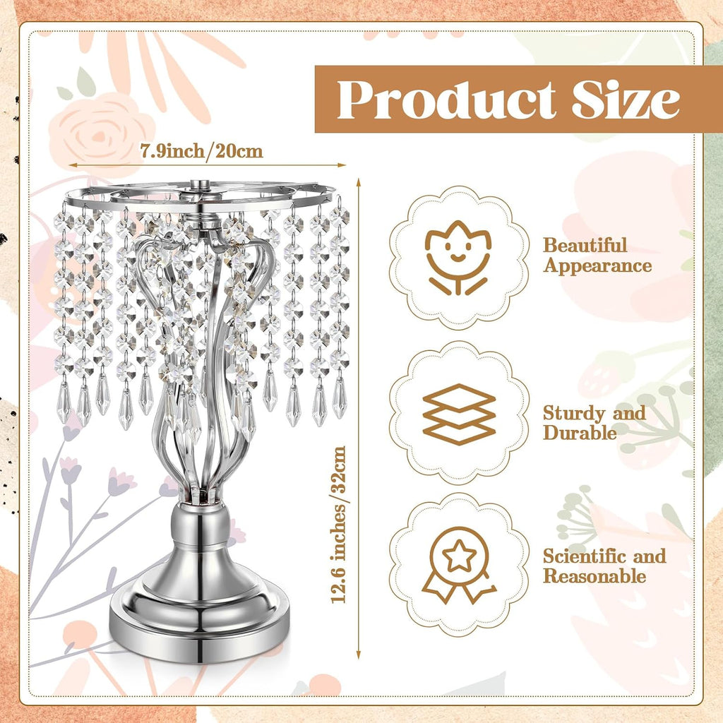 Didaey 16 Pcs Wedding Centerpieces for Tables, Gold Silver Vase Centerpiece with Chandelier Crystal Metal Flower Stand, Tall Flower Vases for Wedding Party Home Decoration(Silver,12.6')