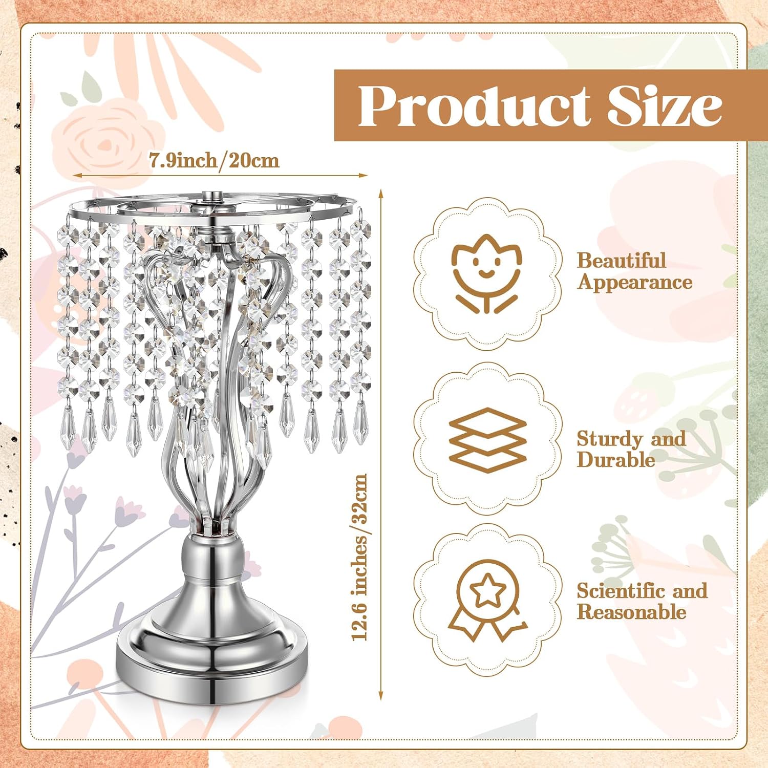 Didaey 16 Pcs Wedding Centerpieces for Tables, Gold Silver Vase Centerpiece with Chandelier Crystal Metal Flower Stand, Tall Flower Vases for Wedding Party Home Decoration(Silver,12.6')