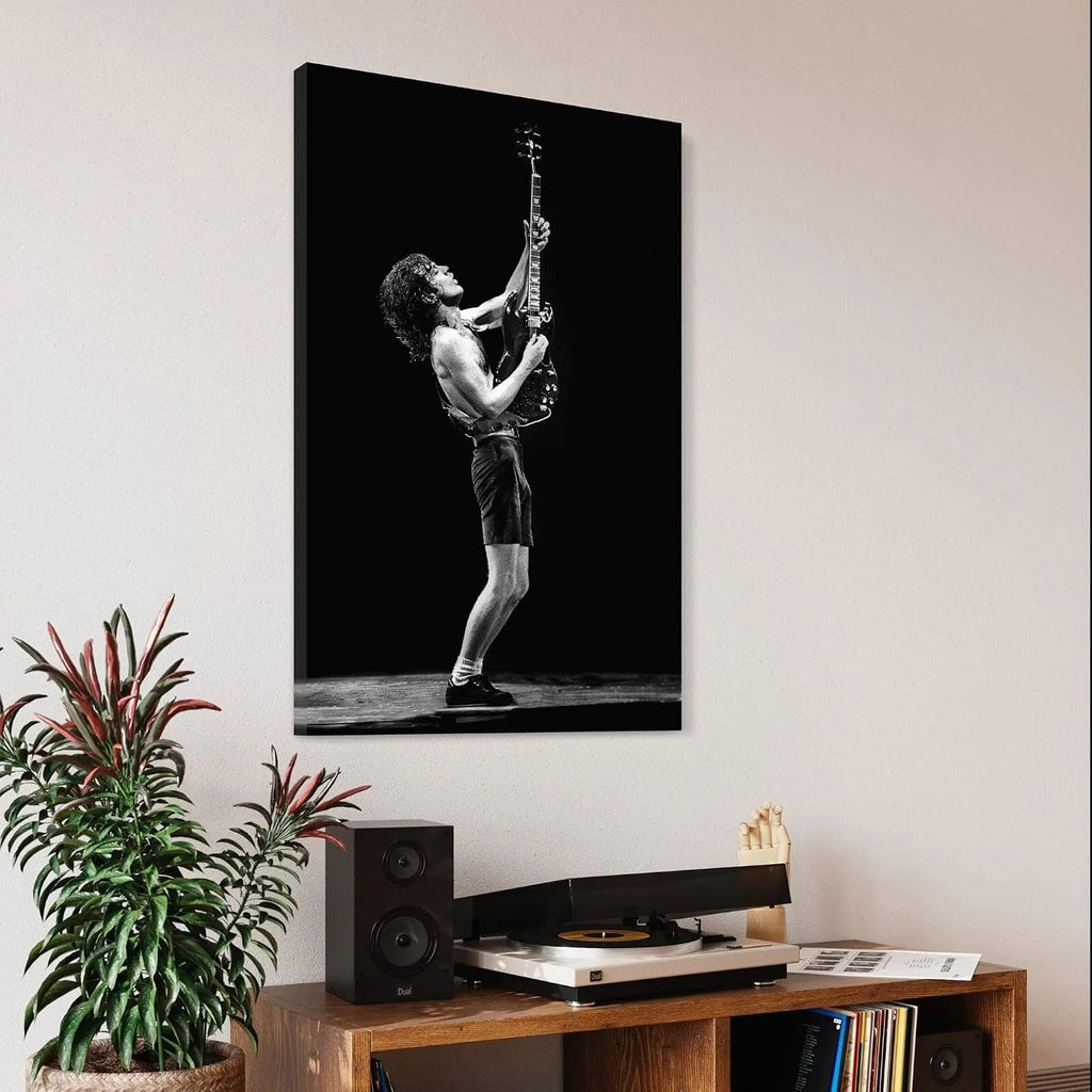 Canvastoria Angus Young AC/DC Canvas Wall Art | Classic Rock & Heavy Metal Guitarist Poster Print | Music Lover's Wall Decor for Rock Fans, Bars & Studios