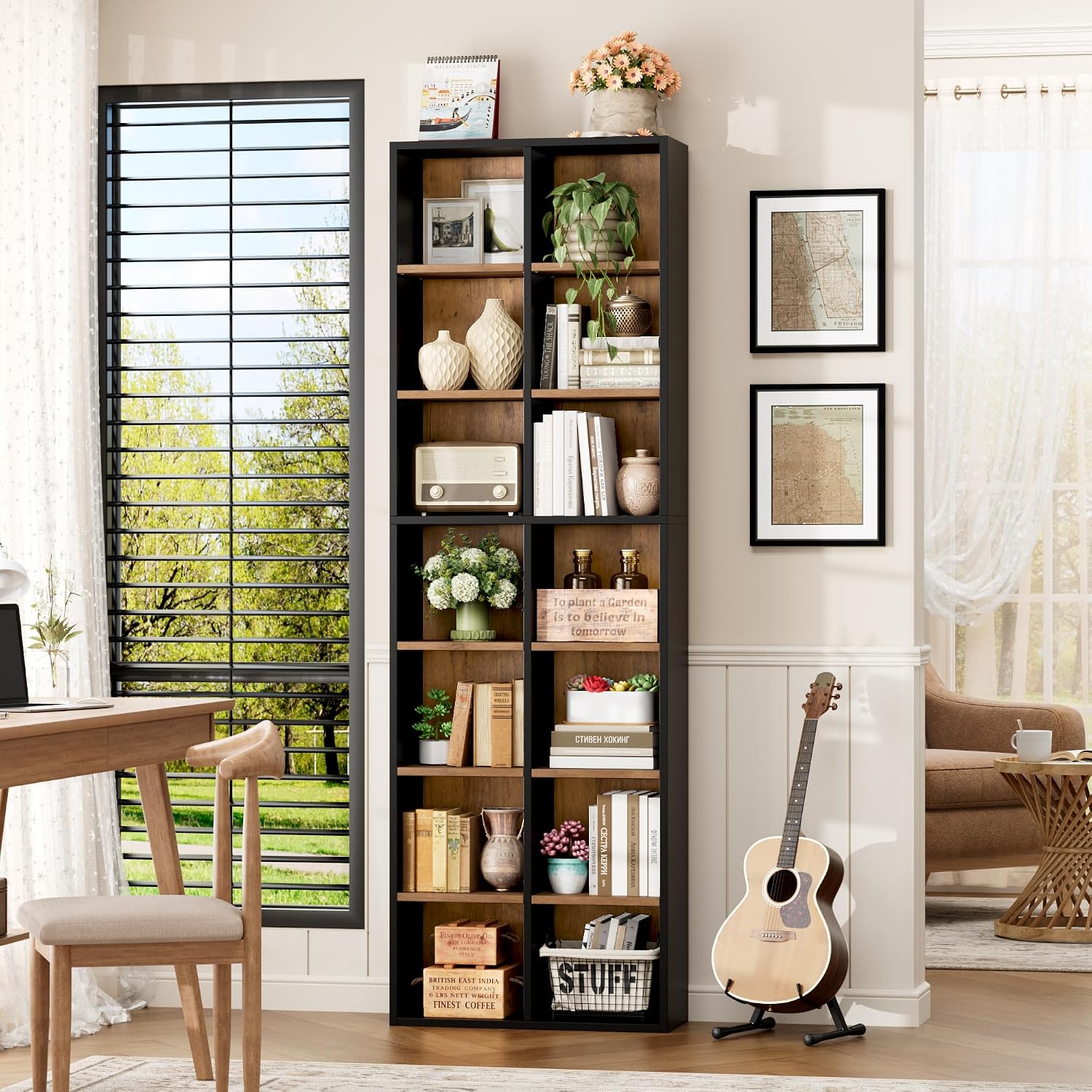 FOTOSOK 71'' Tall Bookshelf Set of 2, 7 Tier Large Bookshelf with Adjustable Shelves, Wide Bookcases and Bookshelf, DVD/CD Media Tower Storage, Cube Book Shelf Display Shelf Cabinet, Black/Brown