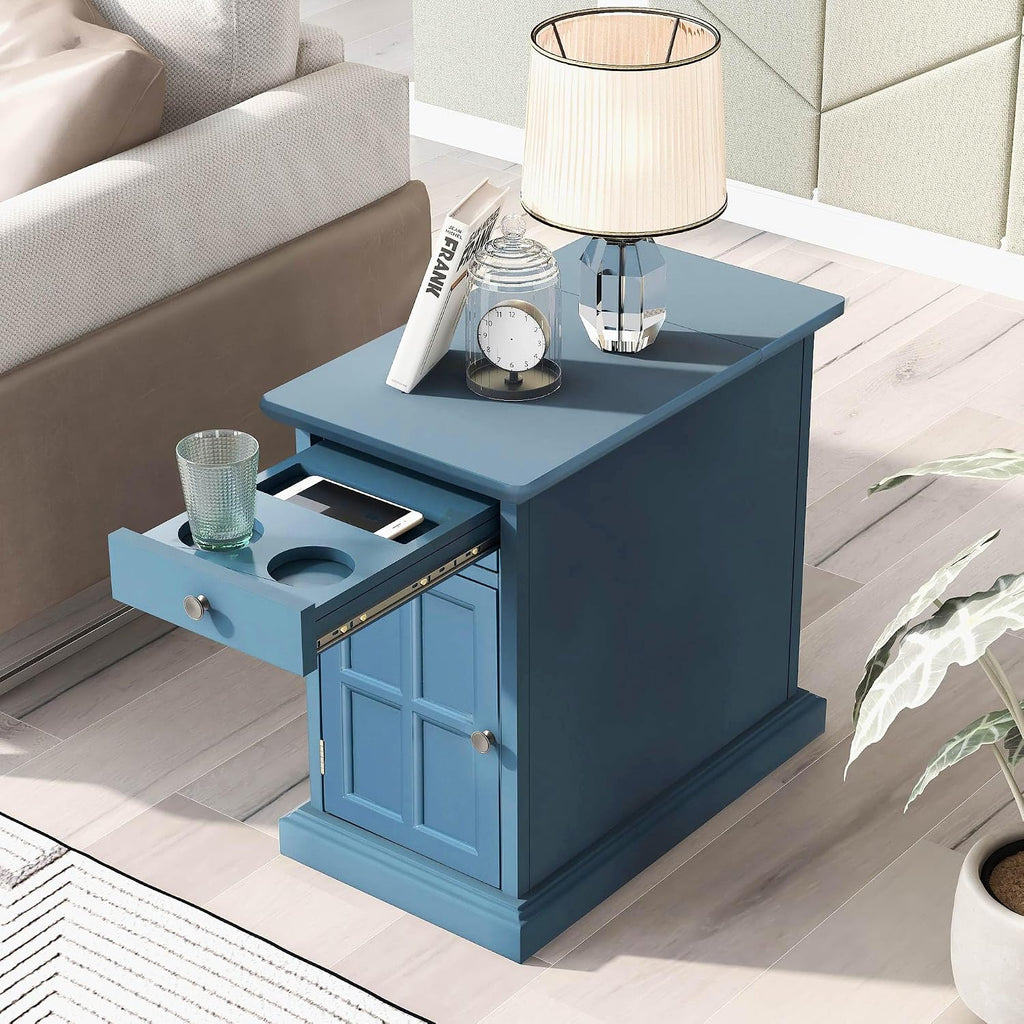 Multifunctional Classic Vintage End Table with USB Ports and 1 Drawer with Cup Holders, Sofa Side Bedside Nightstand Narrow Table for Living Room Bedroom (Antique Navy)