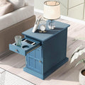 Multifunctional Classic Vintage End Table with USB Ports and 1 Drawer with Cup Holders, Sofa Side Bedside Nightstand Narrow Table for Living Room Bedroom (Antique Navy)