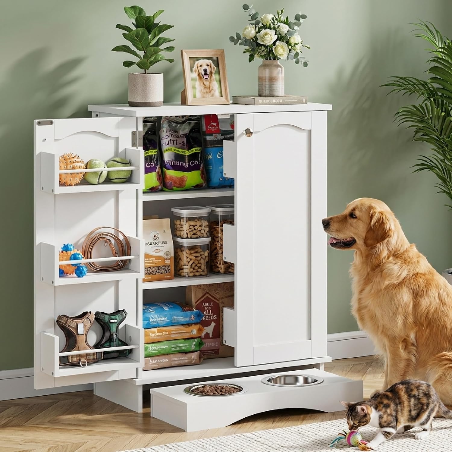 Hometis 23.5'(w) Dog Feeding Station with Storage, Dual Door Hung Storage, Hidden Feeding Bowls,(Off White)