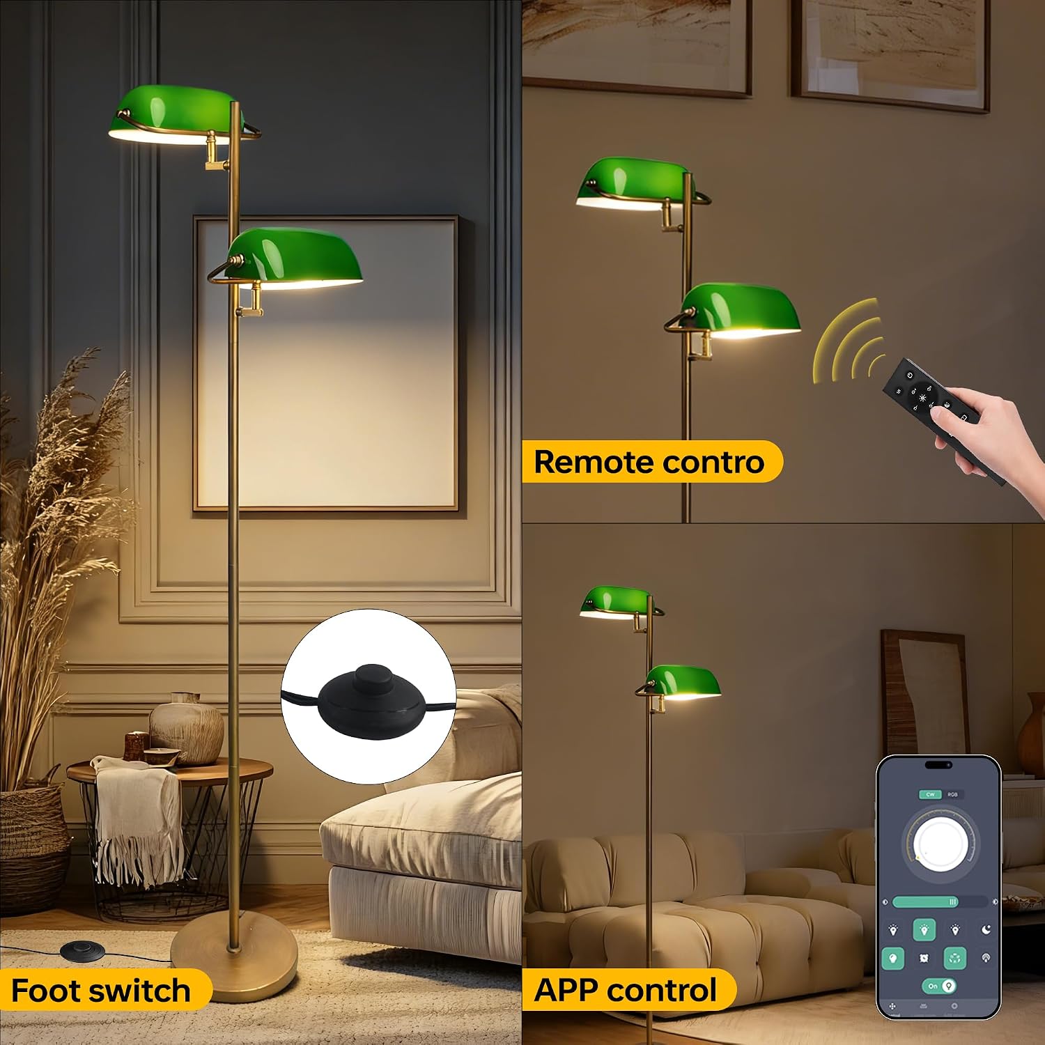 FIRVRE Bankers Floor Lamp for Living Room, Vintage Floor Lamp with Foot Switch,Remote Control Standing Lamp with Glass Lampshade, Antique Green Floor Lamp for Bedroom Office Kid Room