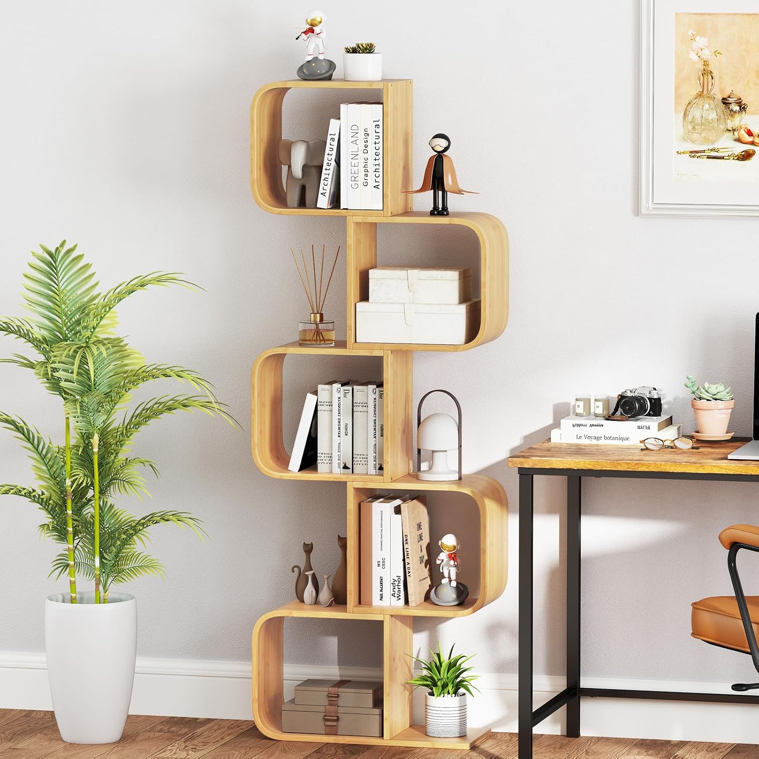Giantex 5-Tier S-Shaped Bookcase, Bamboo Bookshelf with Open Cubes, Geometric Corner Display Shelf, Decorative Storage Organizer, Floor Storage Rack for Living Room, Home Office, Natural