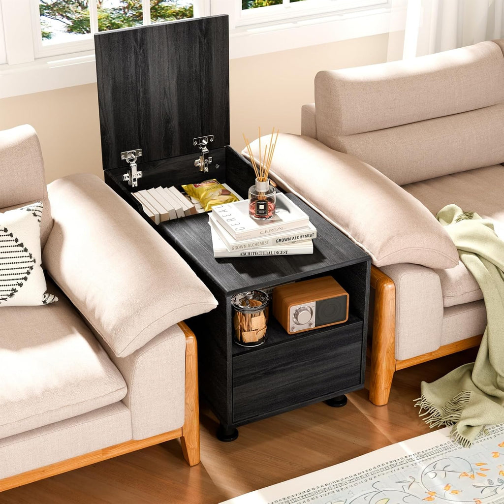Rresyet Adjustable Height End Table with Large Cube Storage, Drawer & Open Shelf - 15.8' Modern Nightstand, Minimalist Sofa Side Table for Living Room, Bedroom, Office (2, Black)