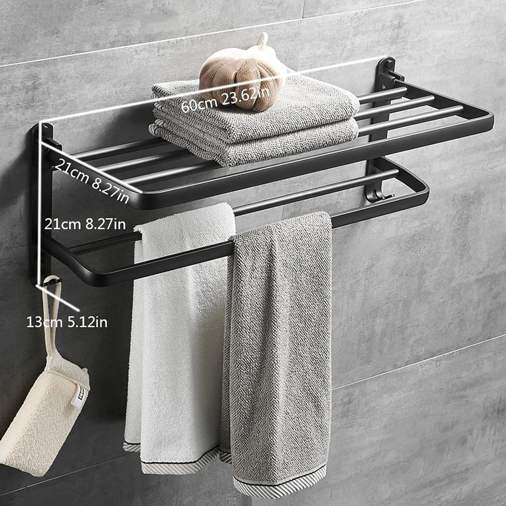 Bathroom Shelf Wall Floating Bathroom Bathroom Towel Rack 23.6 Inches Foldable Wall Mounted Double Towel Holder Bathroom Accessories No Drilling with Two Towel Bars Floating Shelves Corner Shower Cadd