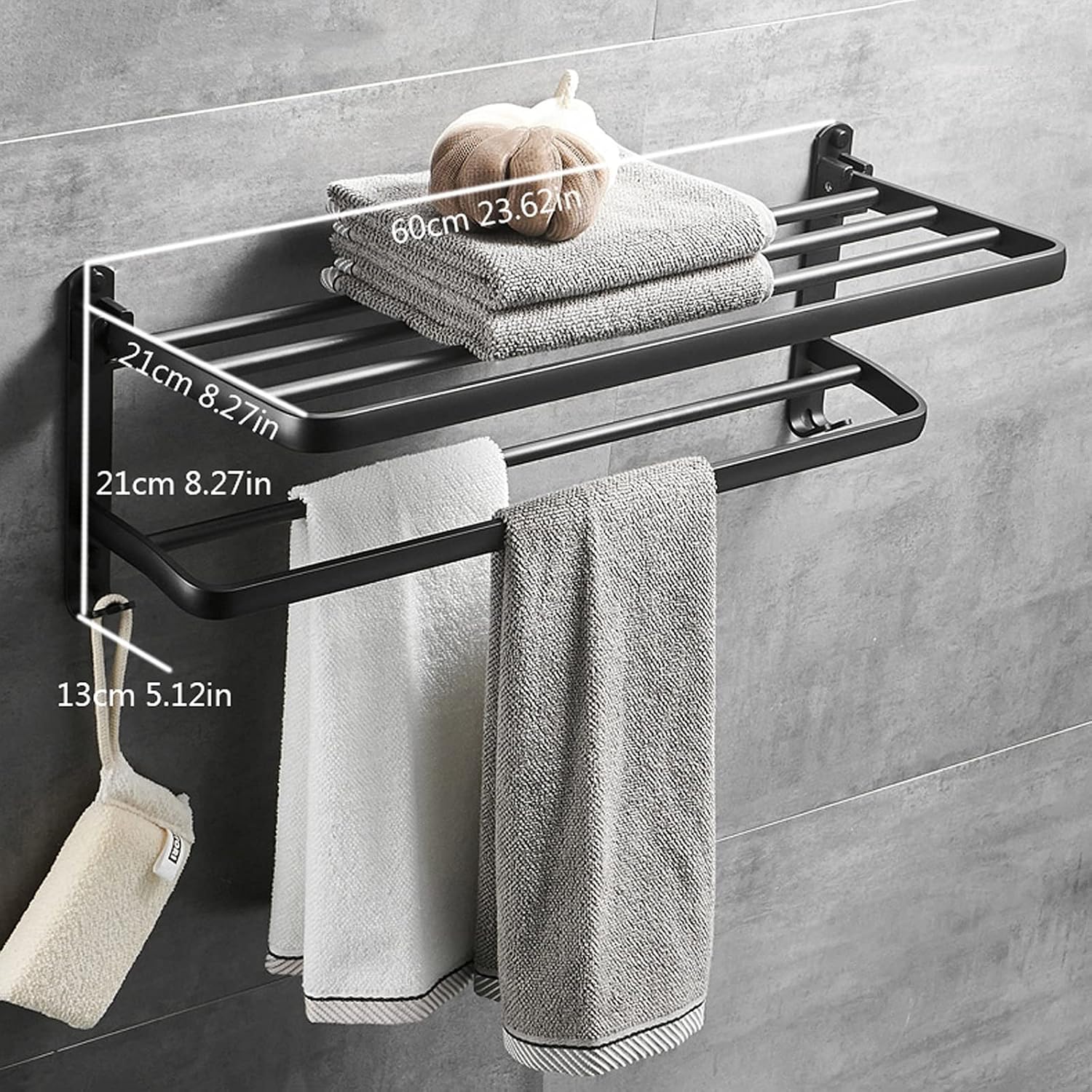 Bathroom Shelf Wall Floating Bathroom Bathroom Towel Rack 23.6 Inches Foldable Wall Mounted Double Towel Holder Bathroom Accessories No Drilling with Two Towel Bars Floating Shelves Corner Shower Cadd