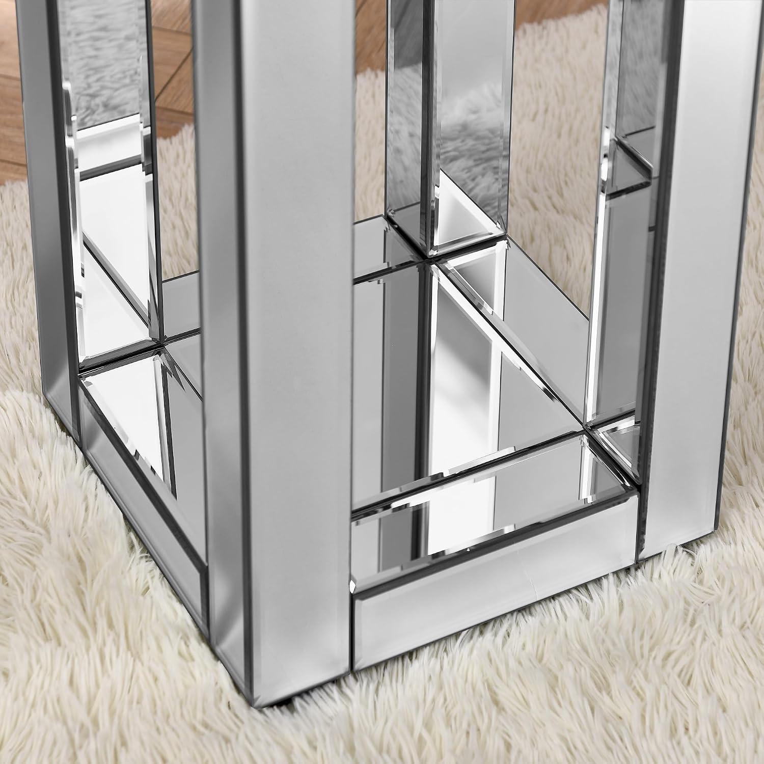 Mirrored End Table Square with Crystals, 2-Tier Modern Small Sofa Table with Storage, Silver Accent Table for Living Room, Bedroom, Coffee, and Small Spaces