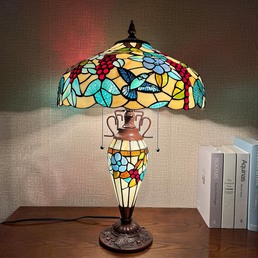 Capulina Tiffany Lamp Stained Glass Table Lamp with Nightlight 3-Light 16X16X25 Inches Mother-Daughter Vase Grape Tiffany Style Desk Lamp for Home Office Living Room Bedroom