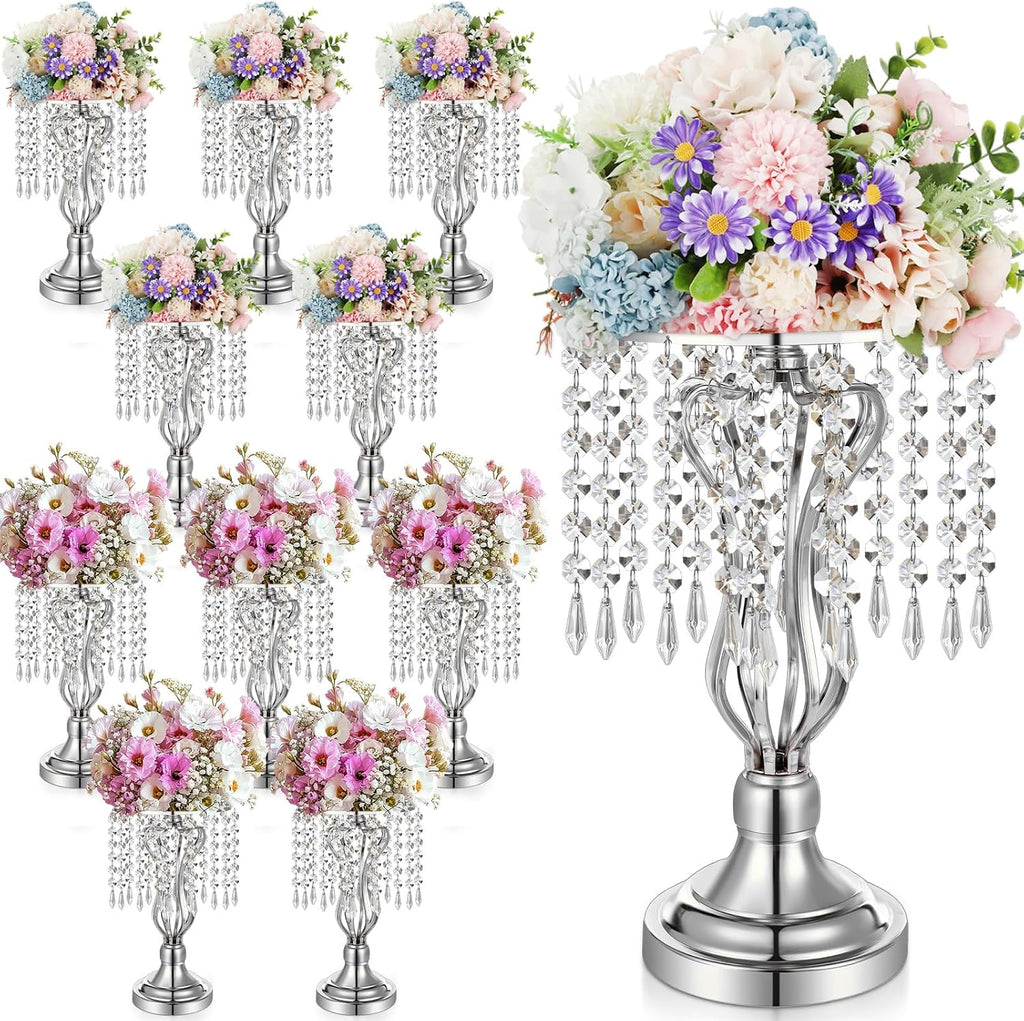 Didaey 16 Pcs Wedding Centerpieces for Tables, Gold Silver Vase Centerpiece with Chandelier Crystal Metal Flower Stand, Tall Flower Vases for Wedding Party Home Decoration(Silver,12.6')