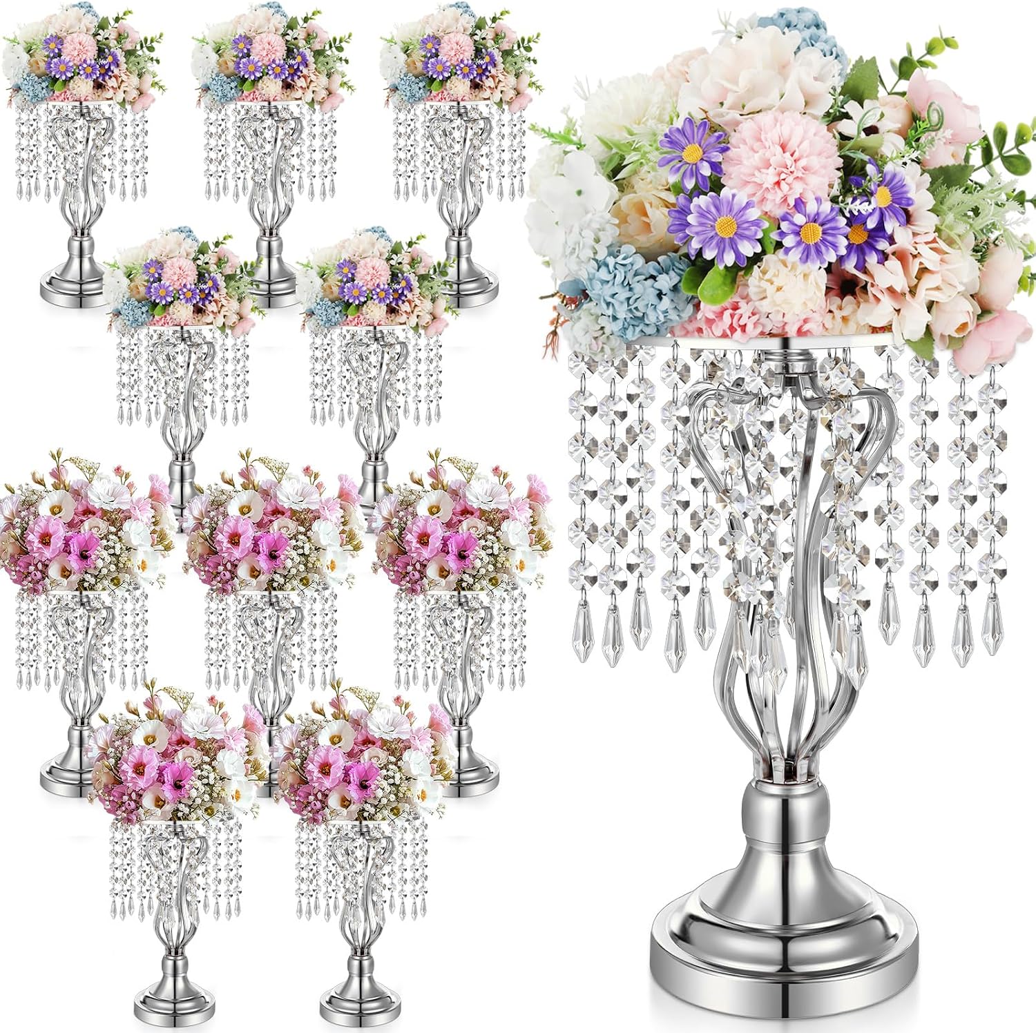 Didaey 16 Pcs Wedding Centerpieces for Tables, Gold Silver Vase Centerpiece with Chandelier Crystal Metal Flower Stand, Tall Flower Vases for Wedding Party Home Decoration(Silver,12.6')