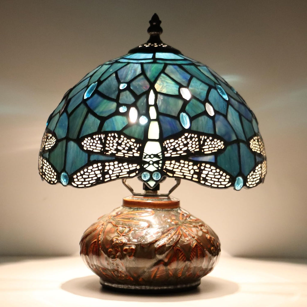 Small Tiffany Table Lamp, 10X10X11 Inch Mini Stained Glass Mushroom Desk Light Memory Sympathy Ceramic lamp (Sea Blue Dragonfly Style)