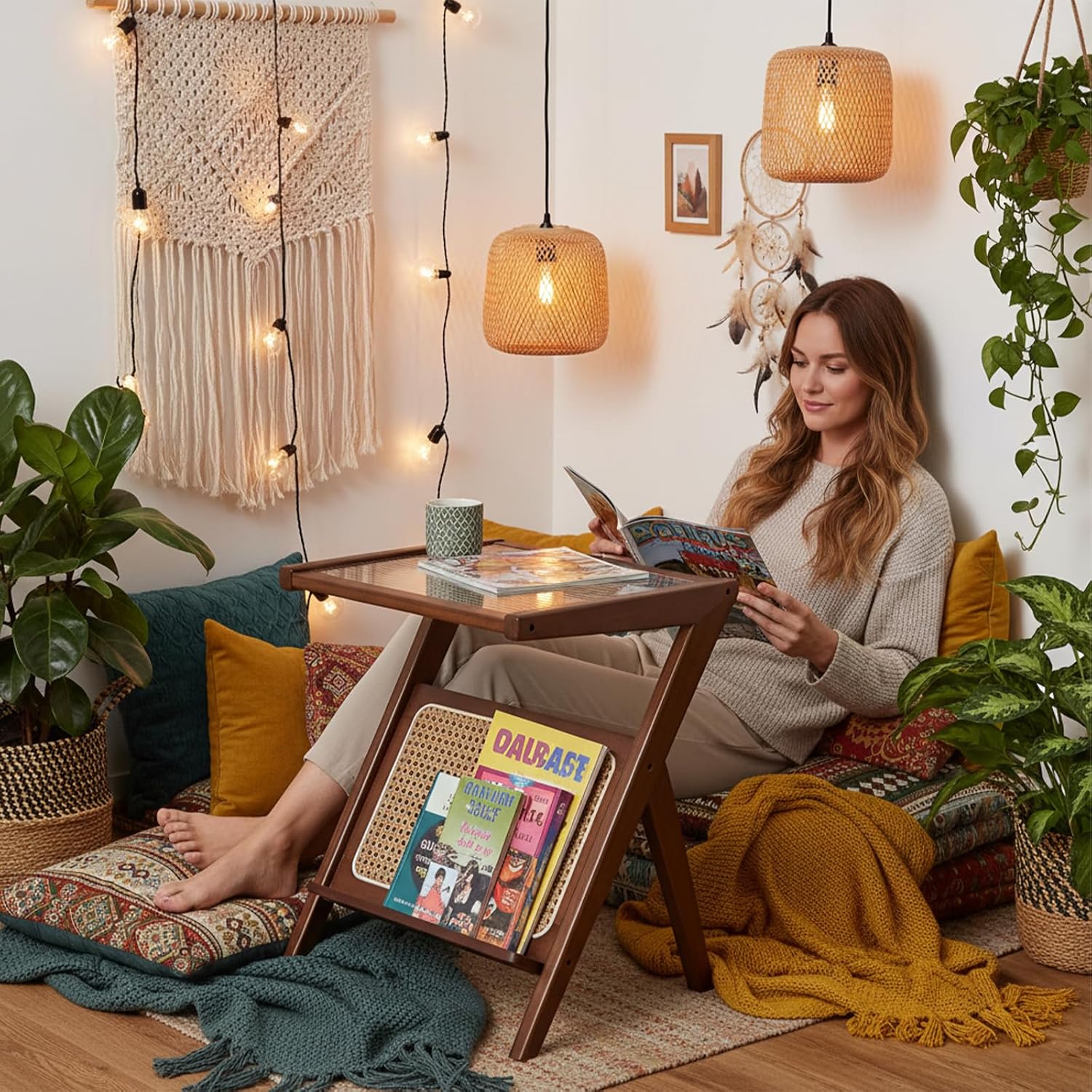 Tiita 2 Pack Rattan Side Table, Mid Century Nightstand, Bamboo Accent Bedside Tables, Glass Coffee Tables, Boho Wooden End Table with Storage for Small Space, Living Room and Bedroom