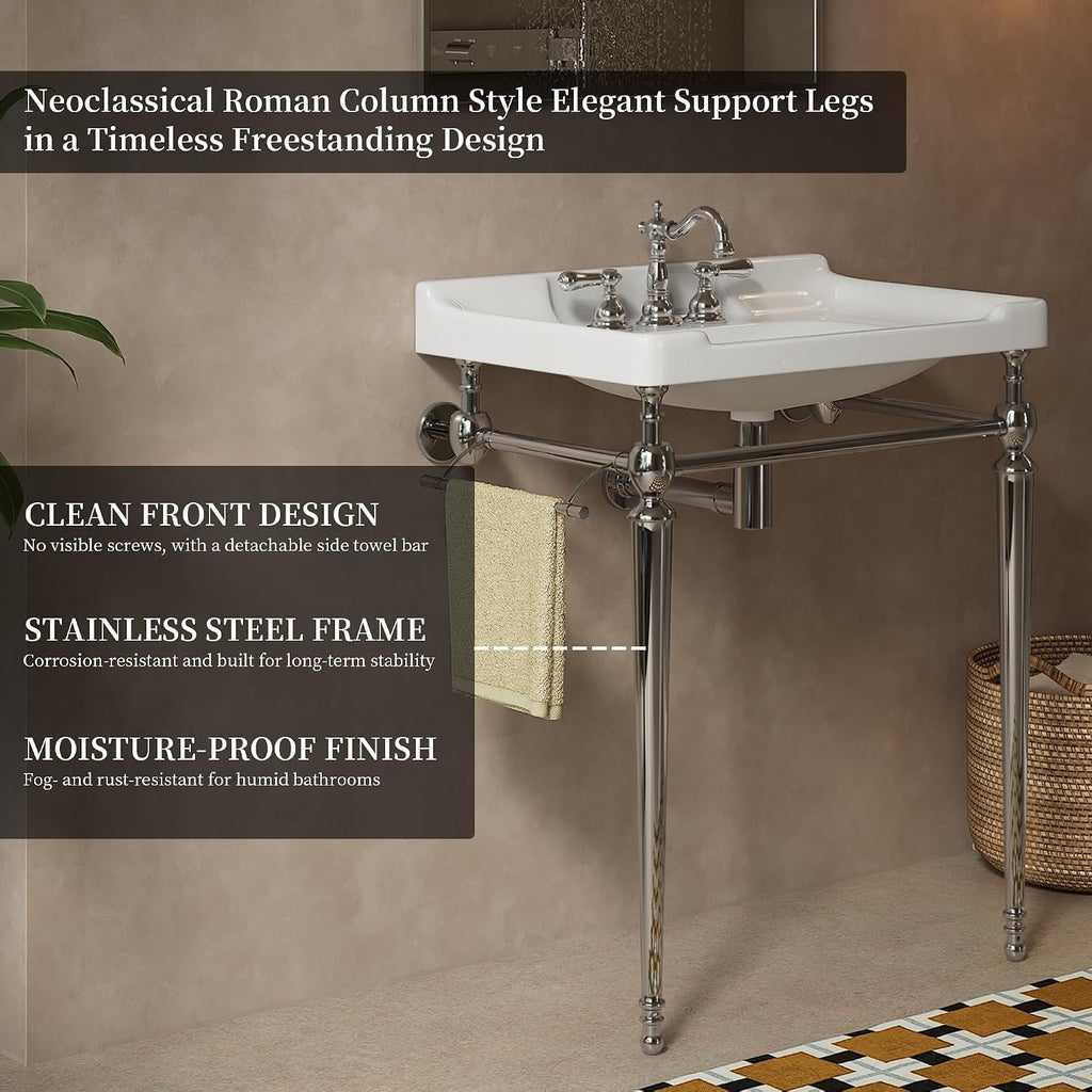 Yayzy 28' Console Bathroom Vanity with White Ceramic Sink, Silver Stainless Steel Legs & Towel Bar, 3 Faucet Holes, No Faucet, Wall-Mounted Support