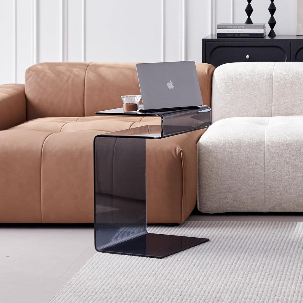 Glass Nightstand End Table, Modern S-Shape Bedside Table for Bedroom, Small Gray Glass Side Tables for Living Room, Sofa Nightstand (Gray S-Shape)