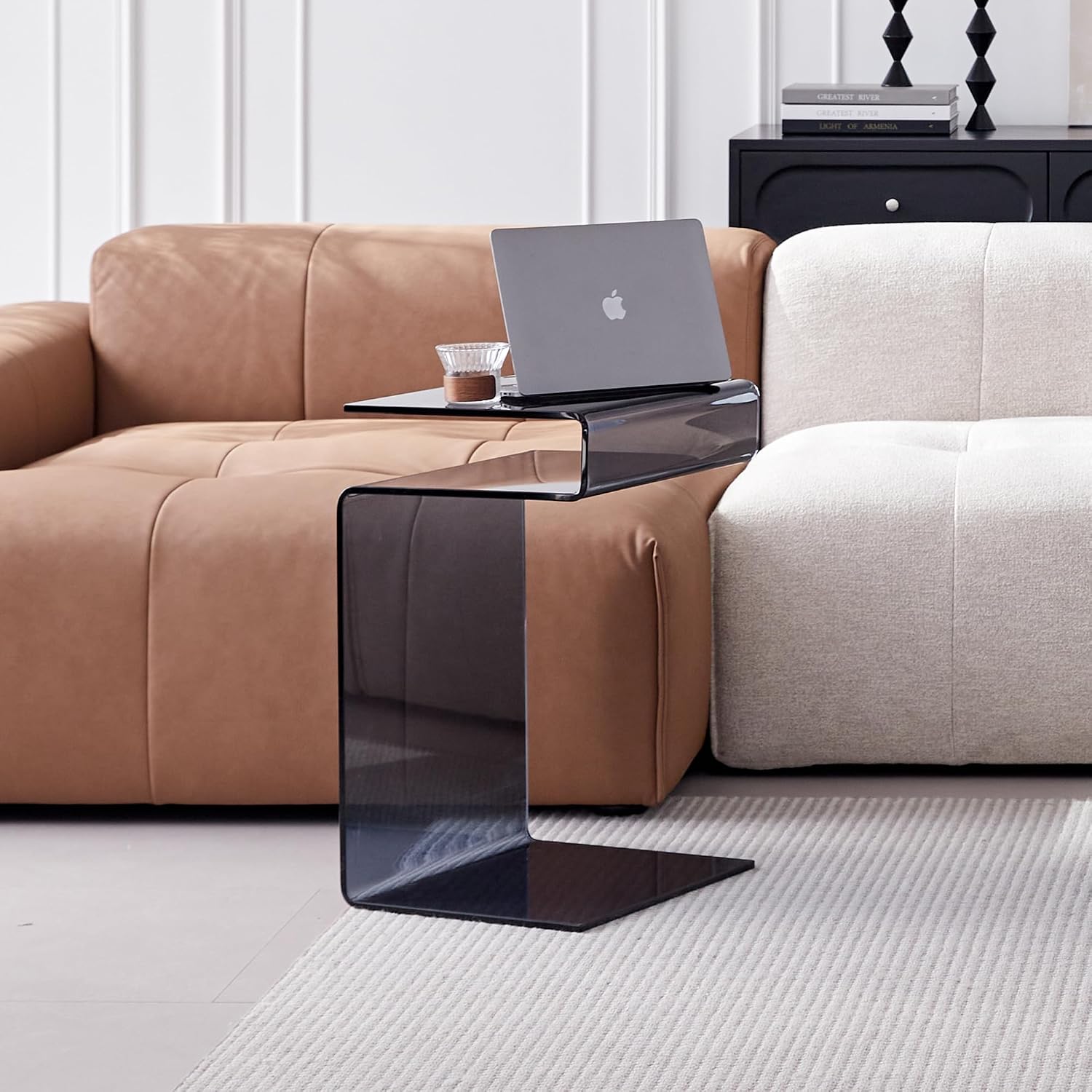 Glass Nightstand End Table, Modern S-Shape Bedside Table for Bedroom, Small Gray Glass Side Tables for Living Room, Sofa Nightstand (Gray S-Shape)