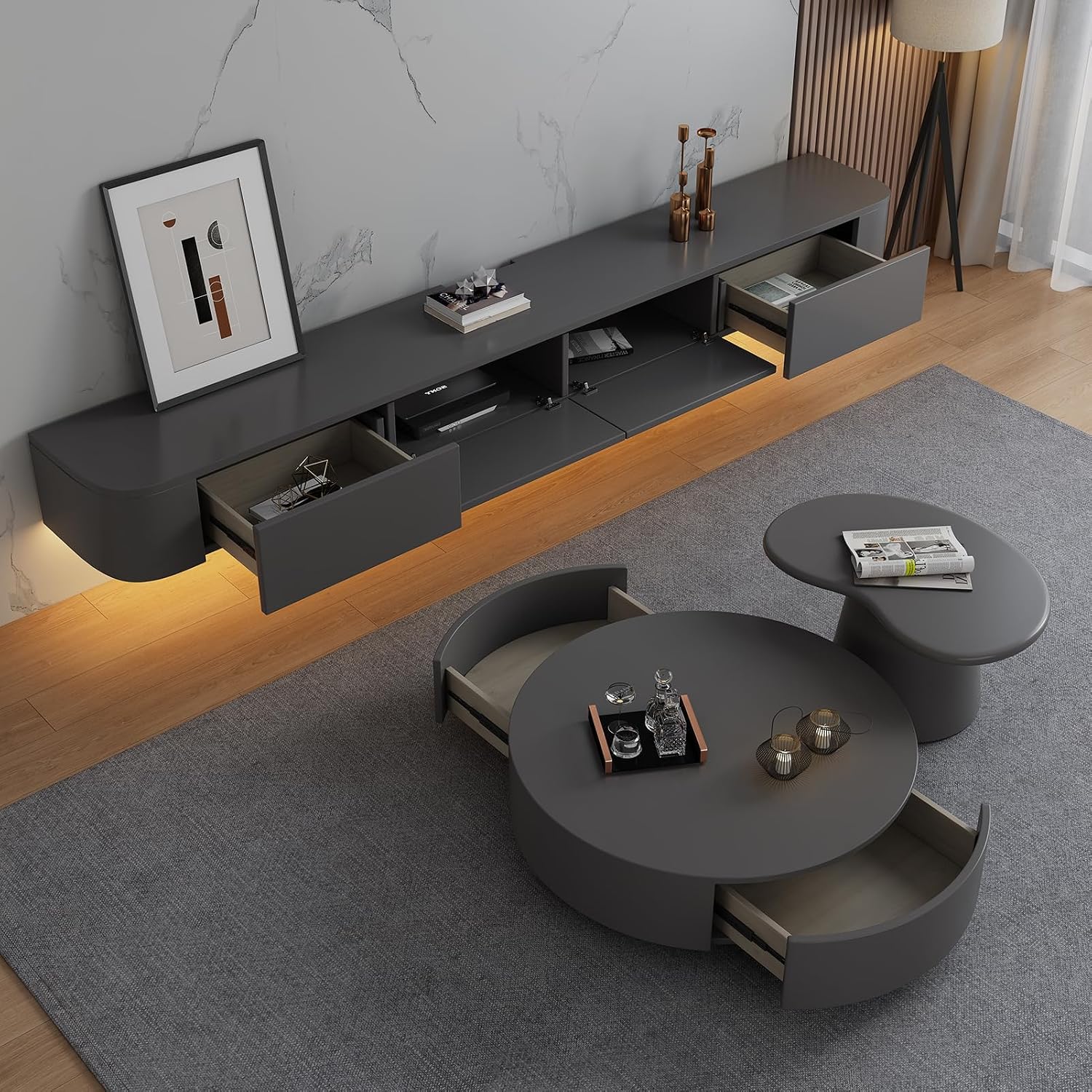 Floating TV Stand - Wall Mounted Media Console with 2 Drawer, Floating Entertainment Center TV Cabinet, Wall Mounted Audio/Video Shelf for Home Room (Grey+LED, 62.99x7.87x9.45IN)