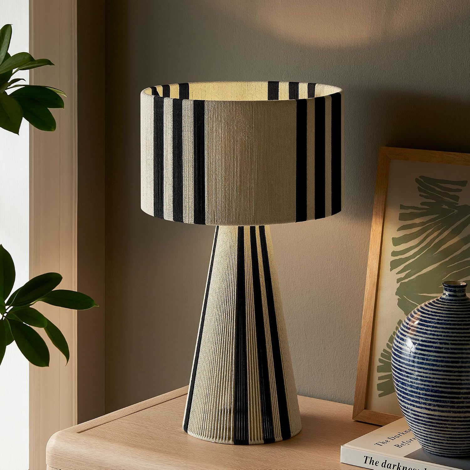 Modway Gia Vintage Modern Cotton Thread Table Lamp in Black - Unique Retro Boho Accent Lamp with Metal Base and Repeating Stripes Design