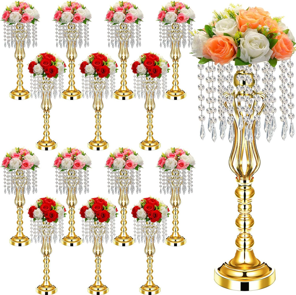 Didaey 16 Pcs Wedding Centerpieces for Tables, Gold Silver Vase Centerpiece with Chandelier Crystal Metal Flower Stand, Tall Flower Vases for Wedding Party Home Decoration(Gold,21.3')