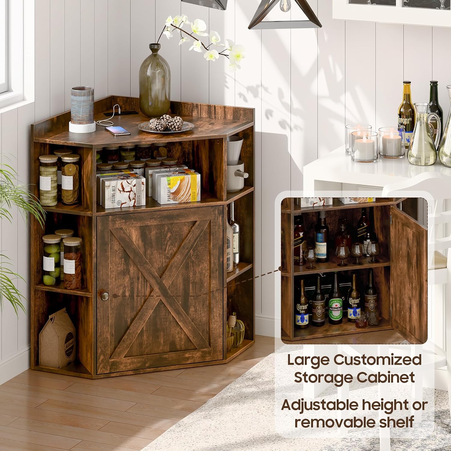 Halitaa Corner Storage Cabinet, Farmhouse Corner Bookshelf with Storage 6-Cubby Wooden Cabinet with USB Ports and Outlets Industrial Organizer for Small Space, Study, Playroom, Living Room