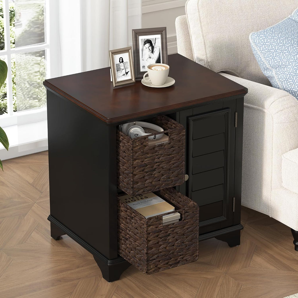 Multifunctional End Table Side Table with a Shutter Style Door and 2 Woven Grass Baskets, Sofa Side Narrow Table, Wood Bedside Nightstand for Living Room Bedroom (Black-4.7)