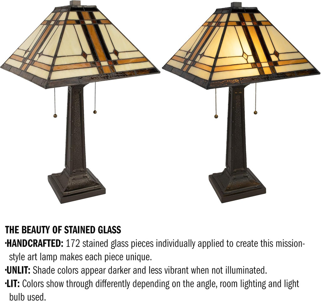 Lavish Home Tiffany-Style Table Lamp – Mission-Design Art Glass Lighting with 2 LED Bulbs Included – Vintage-Look Handcrafted Room Décor (Brown)