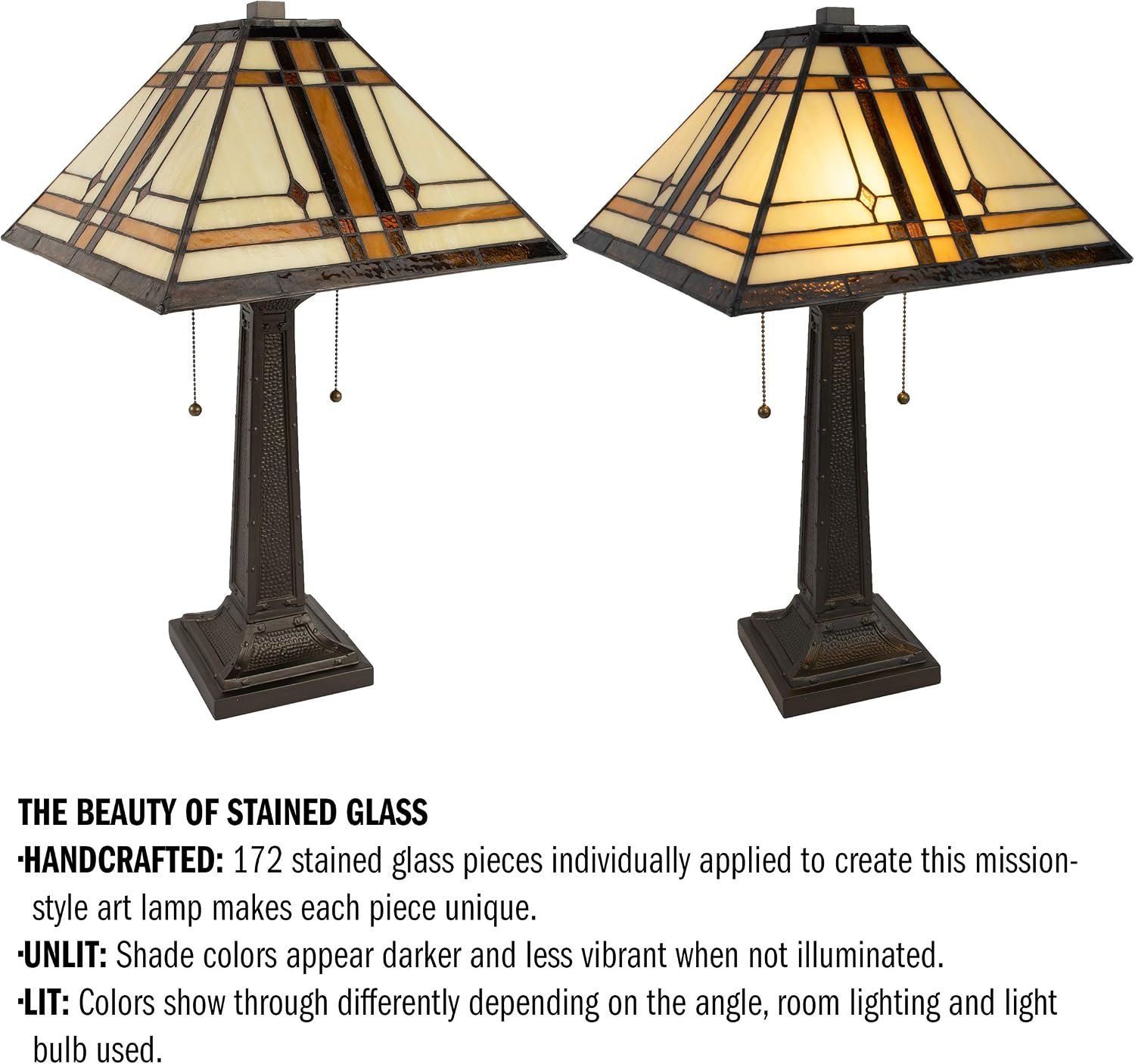 Lavish Home Tiffany-Style Table Lamp – Mission-Design Art Glass Lighting with 2 LED Bulbs Included – Vintage-Look Handcrafted Room Décor (Brown)