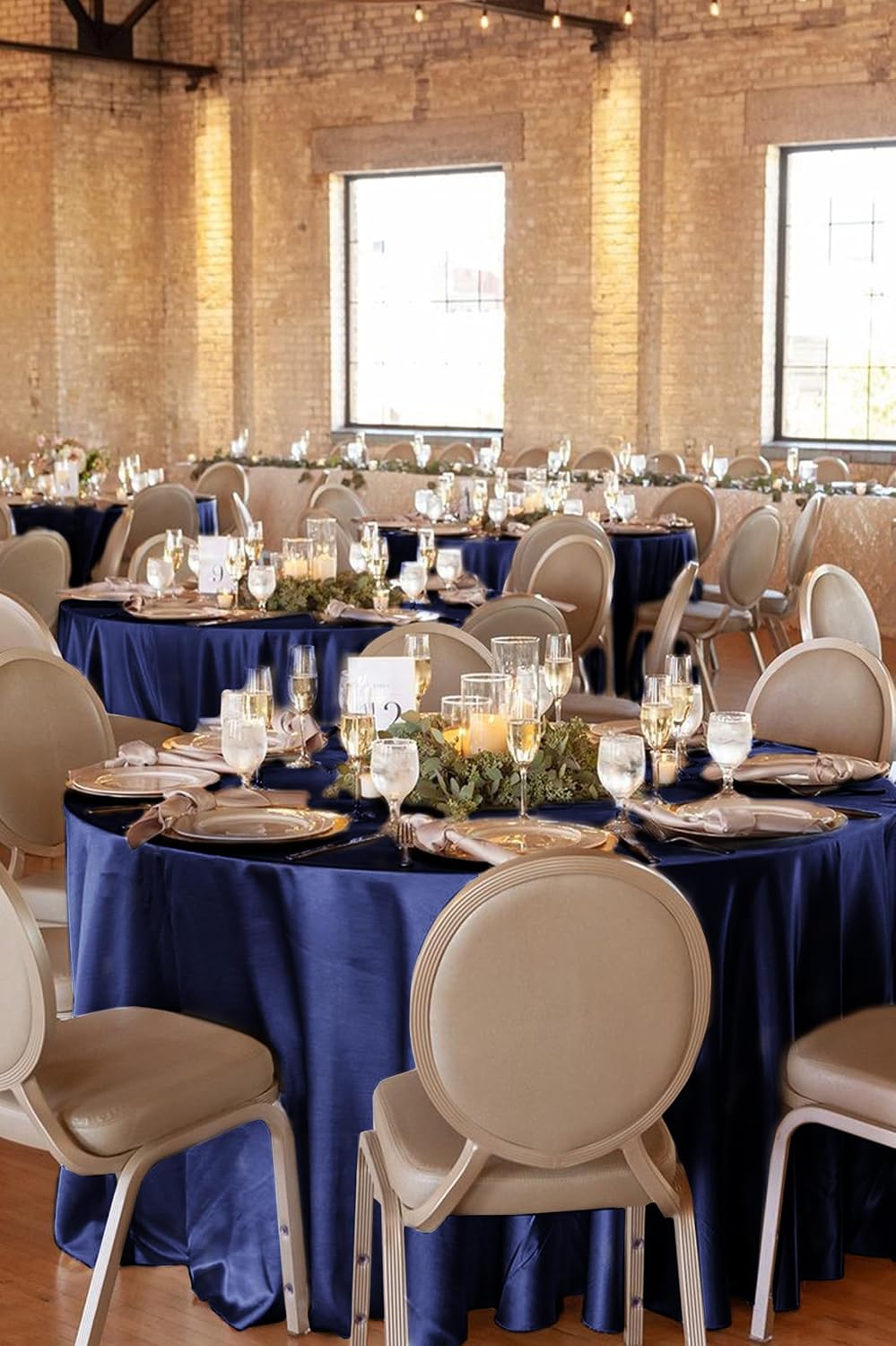 12 Pack 120 Inch Round Tablecloth, Navy Blue Satin Fabric Table Cloth for Round Tables, Wrinkle Resistant Washable TableCover Bright Silk Table Clothes for Wedding Party Dining Tables Banquet
