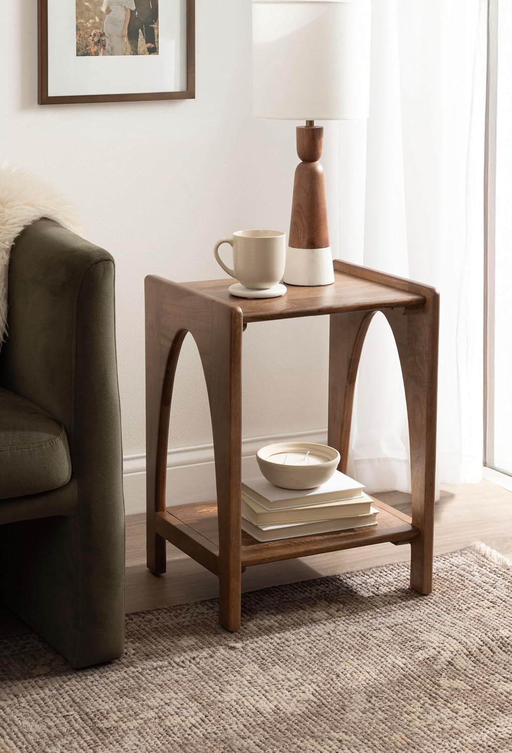 Kate and Laurel Aarstad Modern Rectangle Mango Wood Side Table, 16 x 14 x 22, Walnut Brown, Mid-Century Arched Two-Tier End Table for Use as a Bedroom Nightstand or Living Room Plant Stand
