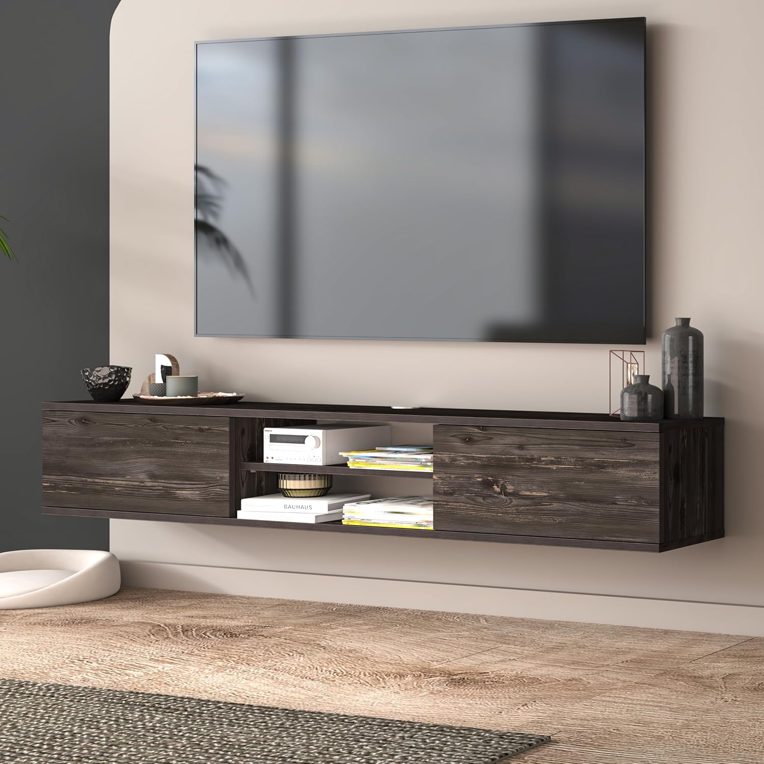 Black Floating TV Stand Under TV Shelf, Wall Mounted Shelf, Modern Floating Entertainment Center, 71' Large Storage Media Console Wall Unit for Living Room,Bedroom (Black Oak)