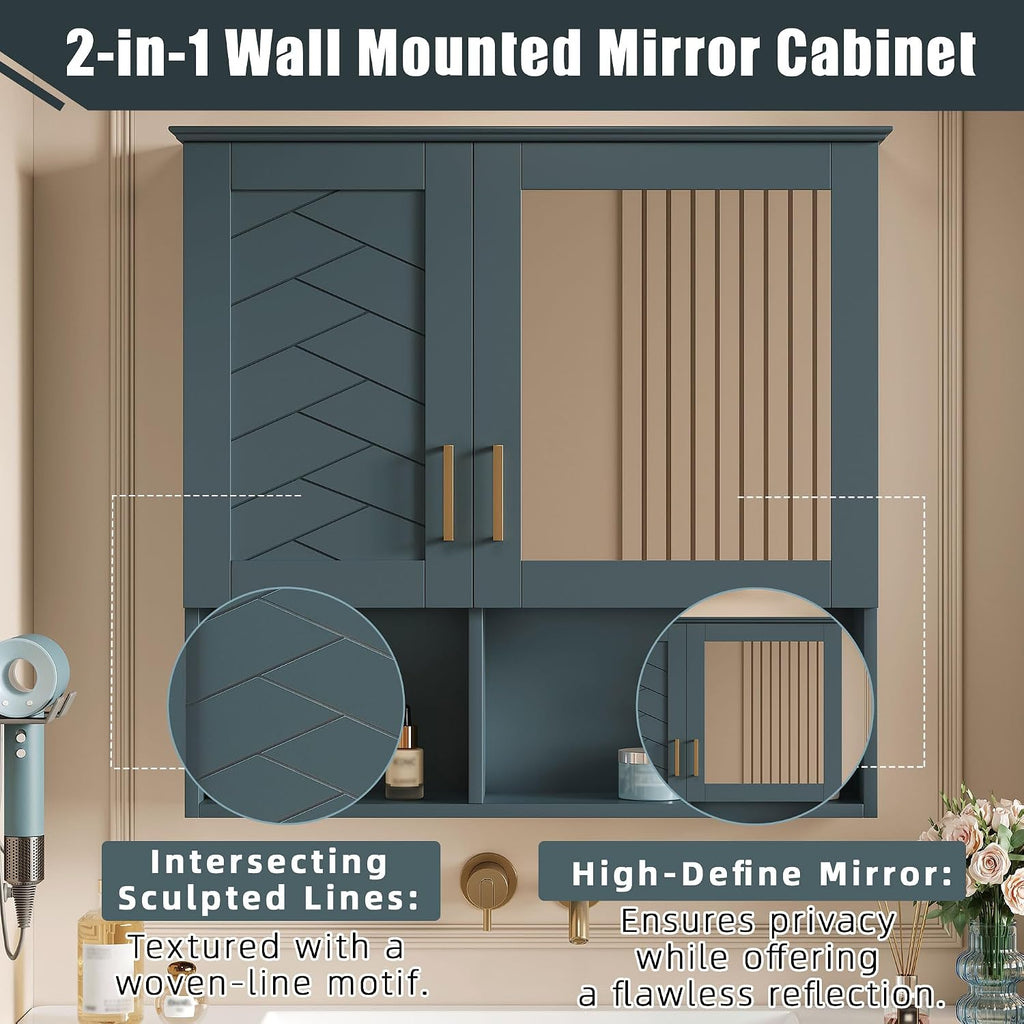 Merax 2-in-1 Bathroom Mirror Cabinet, 30 inch Wall Mounted Medicine Cabinet with Adjustable Shelves & Soft Close Doors, High-Define Mirror with Storage for Bathroom Vanity, Blue