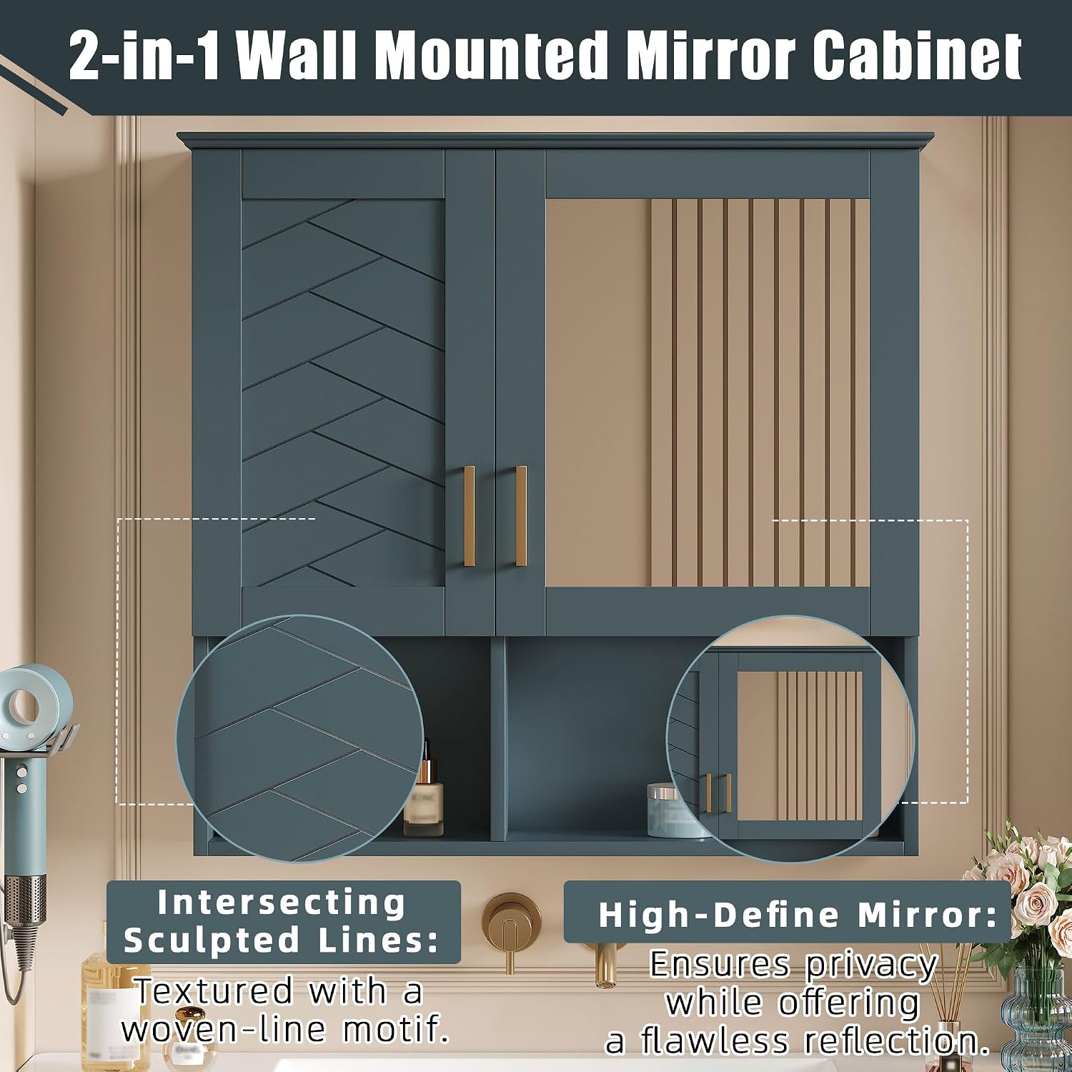 Merax 2-in-1 Bathroom Mirror Cabinet, 30 inch Wall Mounted Medicine Cabinet with Adjustable Shelves & Soft Close Doors, High-Define Mirror with Storage for Bathroom Vanity, Blue