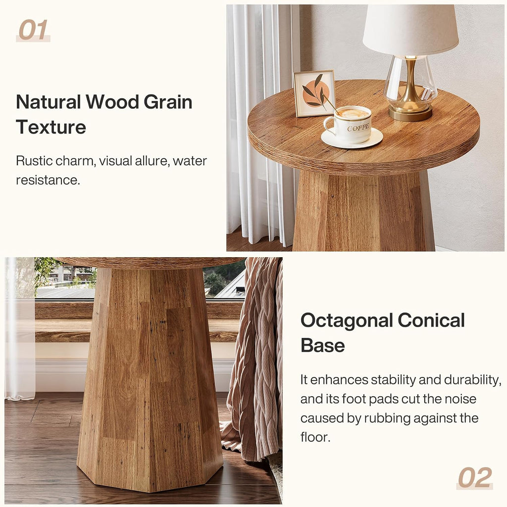 Tribesigns Farmhouse Round End Table, Wooden Couch Side Table with Octagonal Base, Rustic Brown Nightstand Pedestal Accent Furniture for Living Room, Bedroom (Set of 2, Walnut)