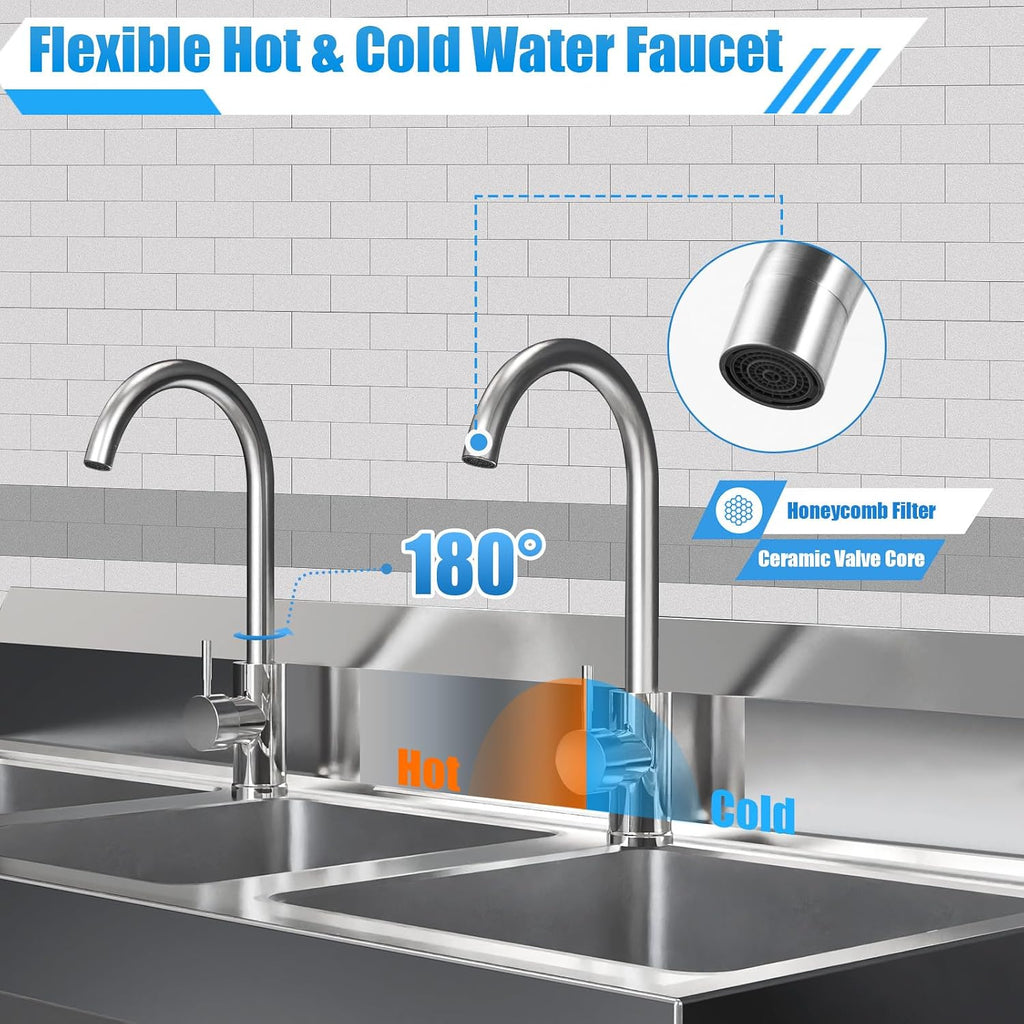 Kitchen Stainless Steel Utility Sink - Triple 3 * 7' x 11' x 9' Bowl - 3 Compartment Commercial Kitchen Sink w/Stable Leg Support - For Restaurant, Laundry, Garage & Backyard