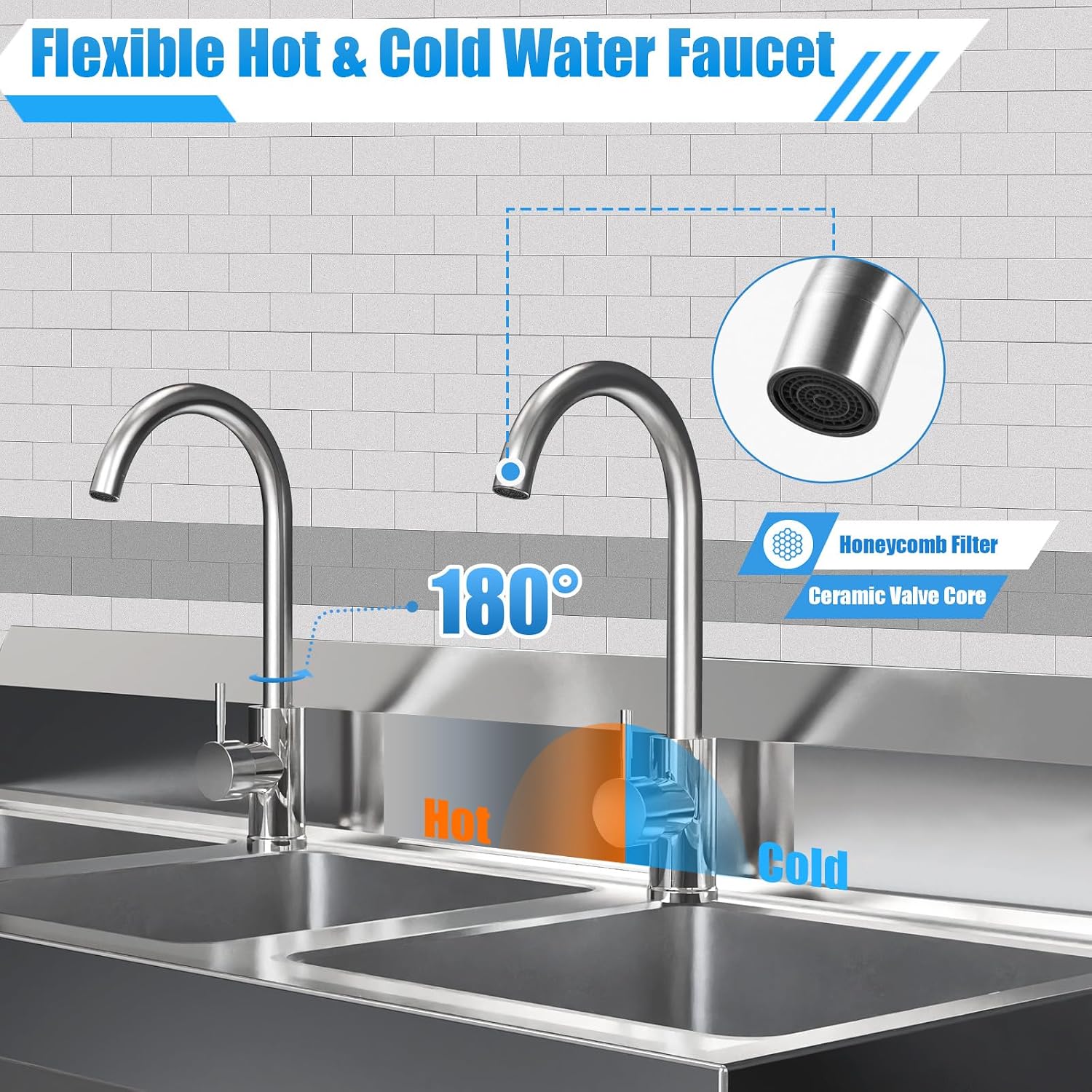 Stainless Steel Sink 3 Compartment Commercial Utility Sink Free Standing Kitchen Sinks with 2 Cold and Hot Water Faucets for Kitchens, Garage, Laundry Room (39''W ×18''D ×35.8'H)